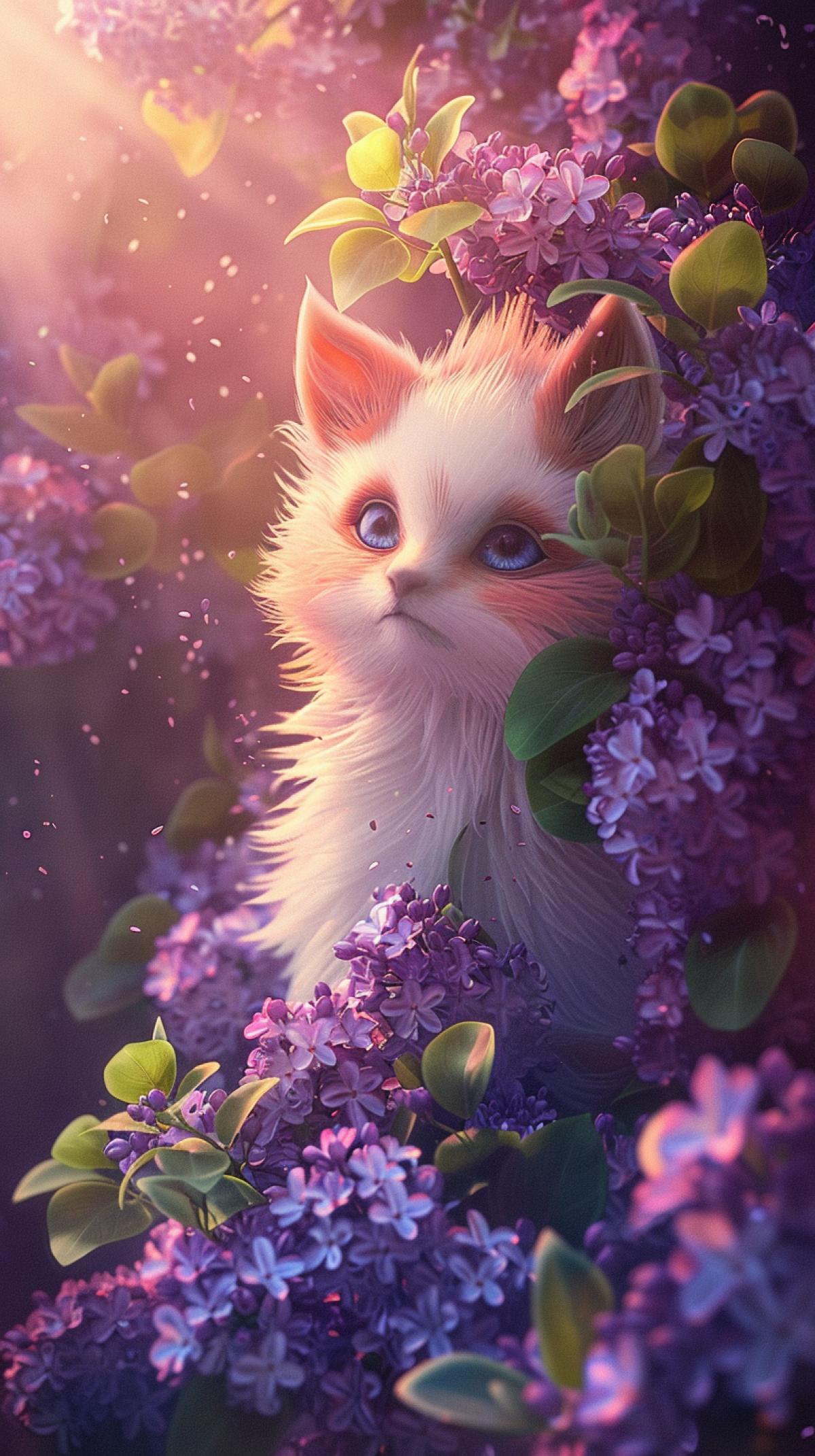 illustration for the fairy tale about lilacs. fantasy, botanical, animalistic, cute, colorful, happy, interesting, photorealistic, amazing, beautiful, magical fantasy, hyperdetailed, hdr, CGI, quality
