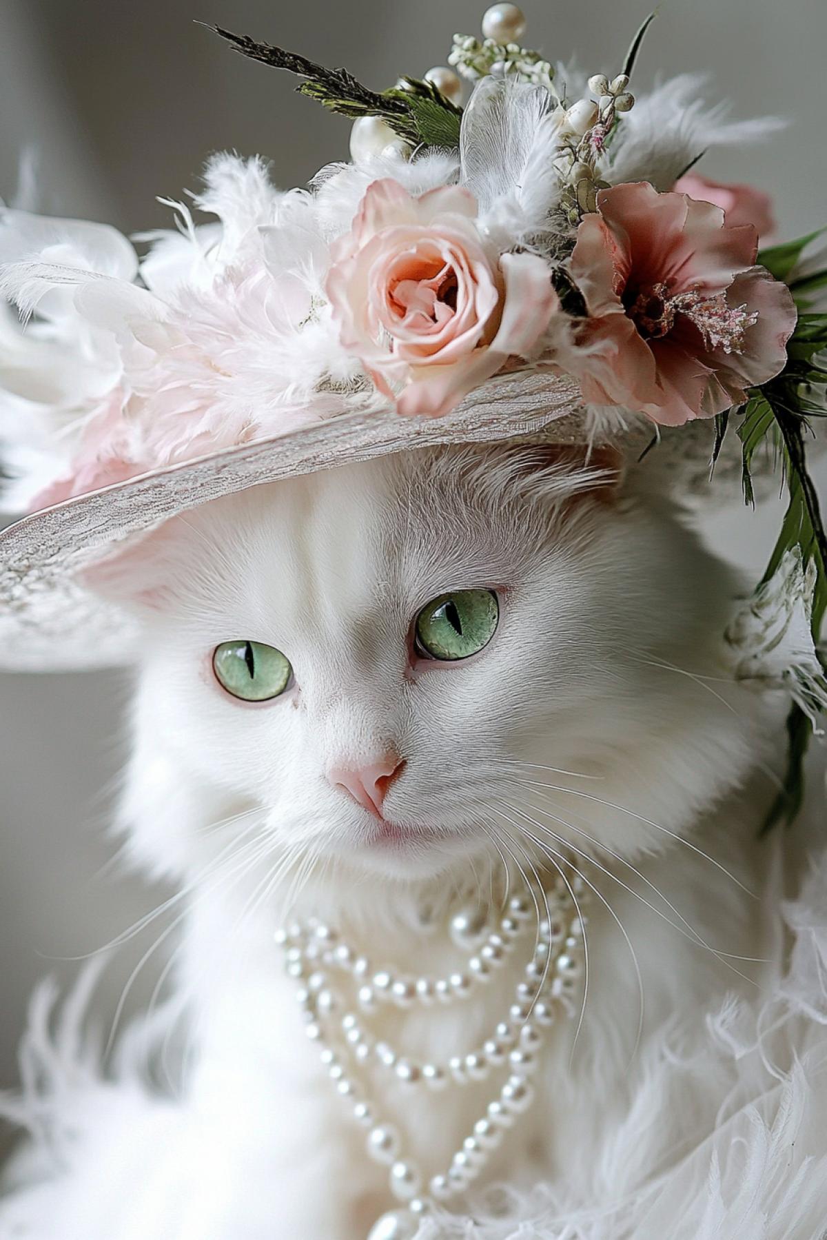 Gorgeous albino cat with green eyes, wearing an exquisite hat with feathers, flowers, a pearl necklace, a coquette