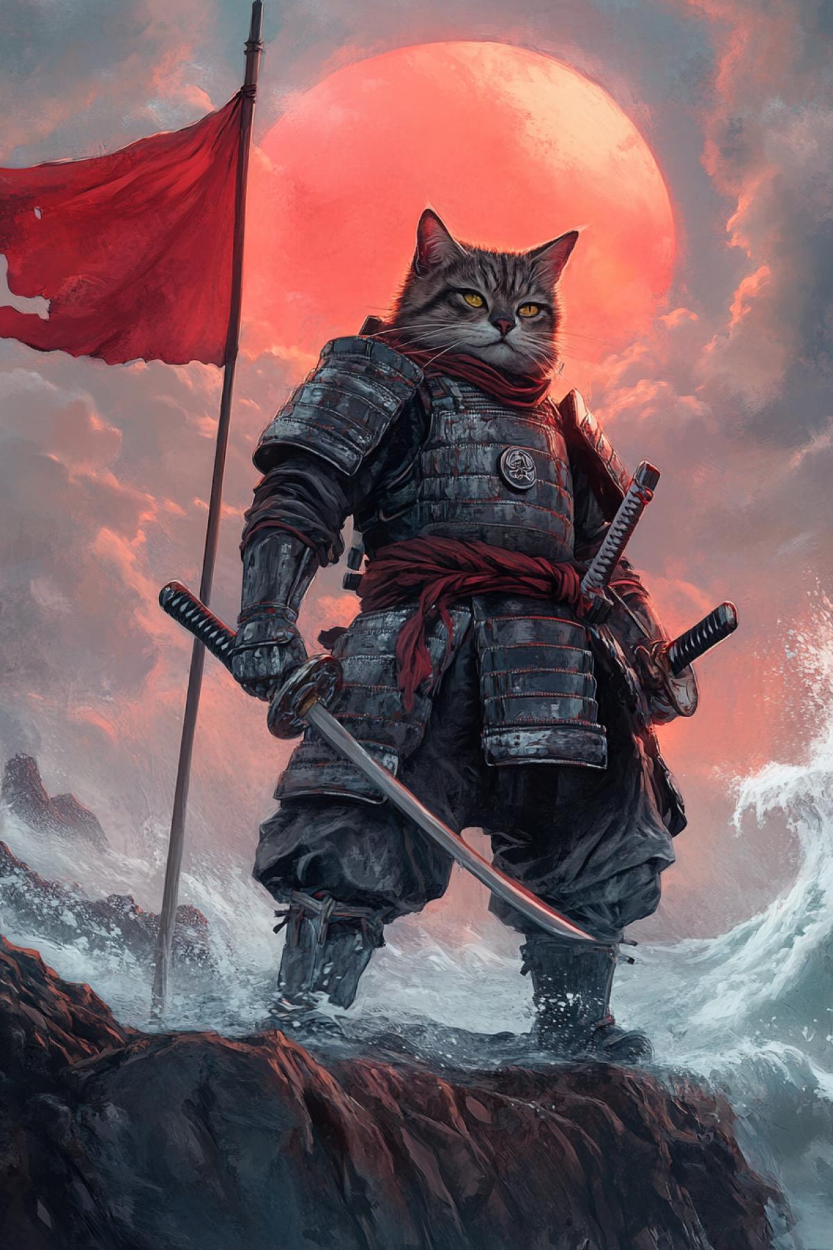 A samurai cat in full armor, standing on the edge of a cliff with a waving red flag, a raging sea below, a red liquid-red sun rising behind him, detailed armor, sharp claws on his paws, a serious look, elements of Japanese culture, dramatic lighting, an atmosphere of honor and fortitude .
