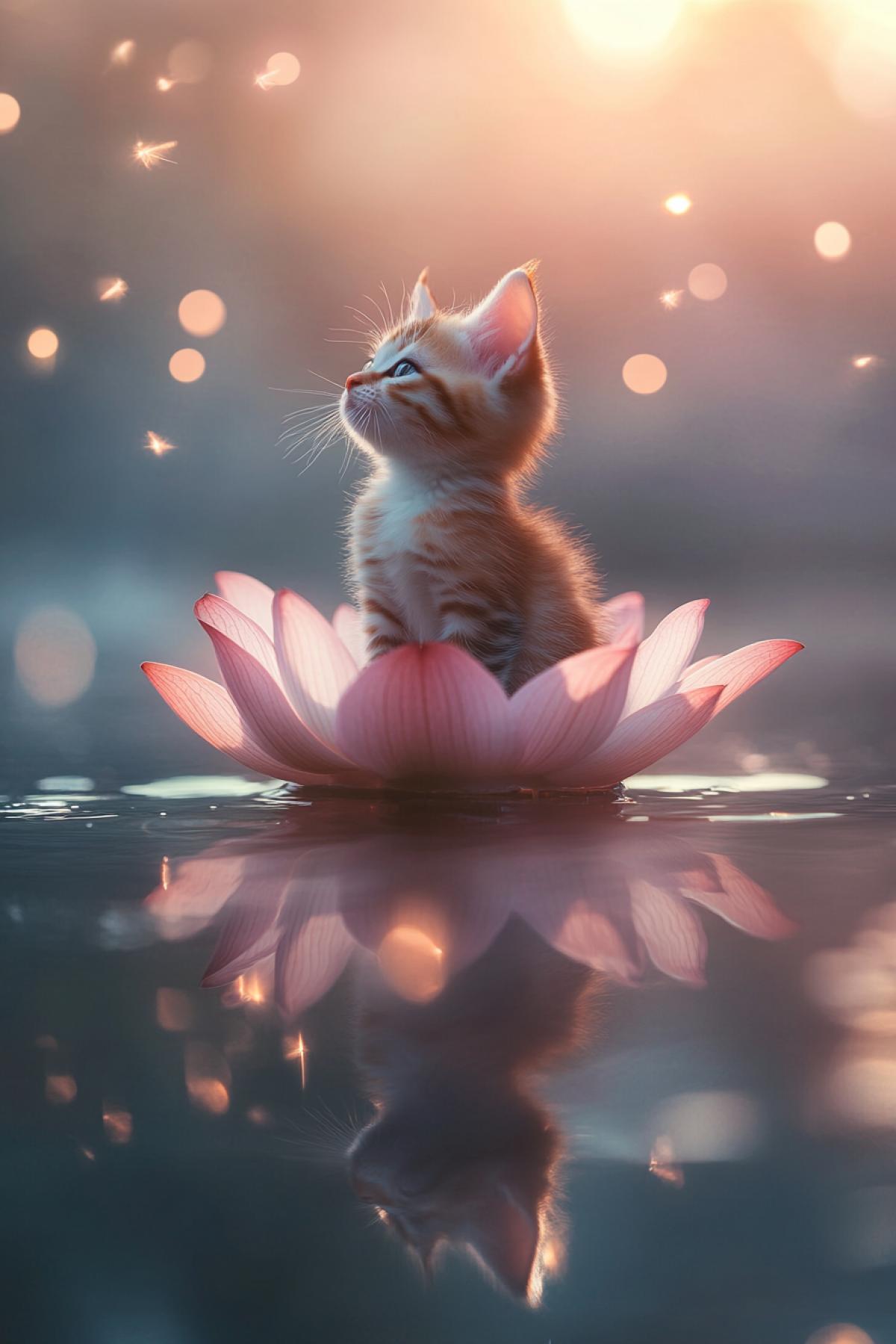 A kitten sitting on a floating lotus, surrounded by the calm surface of water, the evening sky with a soft pink sunset, thin fog over the water, delicate lotus petals and the reflection of the kitten in the water, an atmosphere of calm and magic, fireflies around, a feeling of weightlessness and harmony.