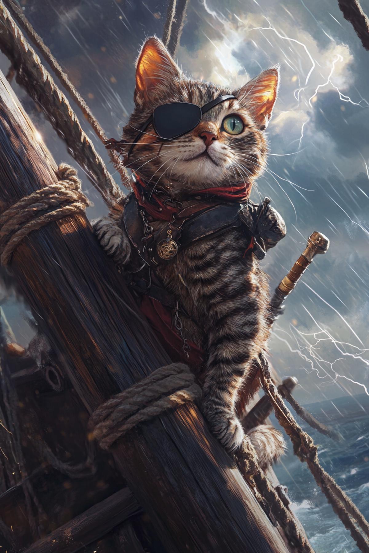 A pirate cat on a wooden ships mast, with an eye patch and a tiny saber, ahead of a stormy sea and thunderclouds, a ship made of old wood, the cats ears fluttering in the wind, his gaze directed forward with determination, contrasting shadows and bright glare of lightning, an adventure atmosphere, feeling of freedom and rebellion.
