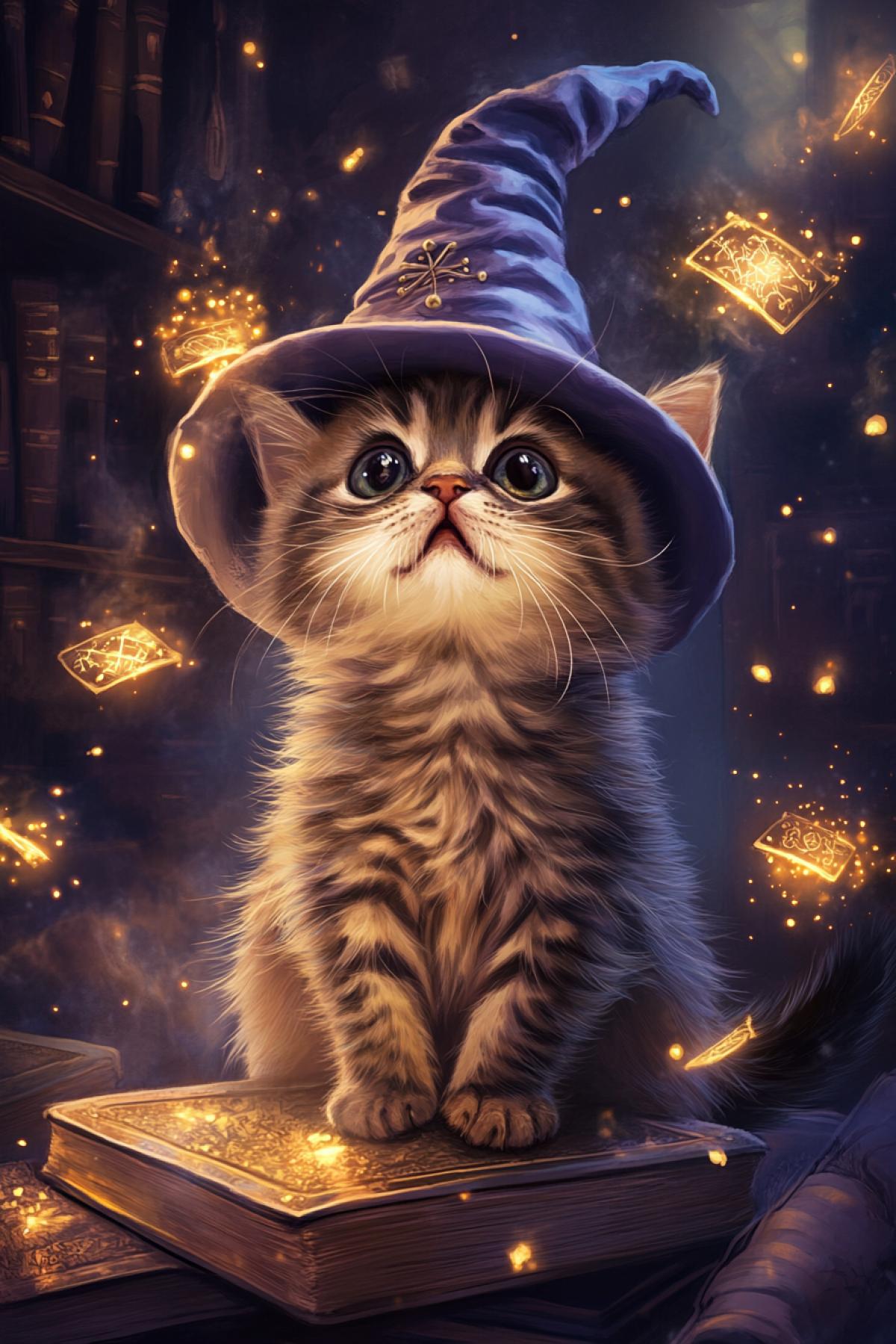 A kitten in a wizards hat, surrounded by floating books and magical glowing runes, a dark room, shelves with ancient tomes, soft purple lighting, a kitten with a surprised expression on its face, golden sparks flying around the room, a sense of wonder and mystery, a magical palette.