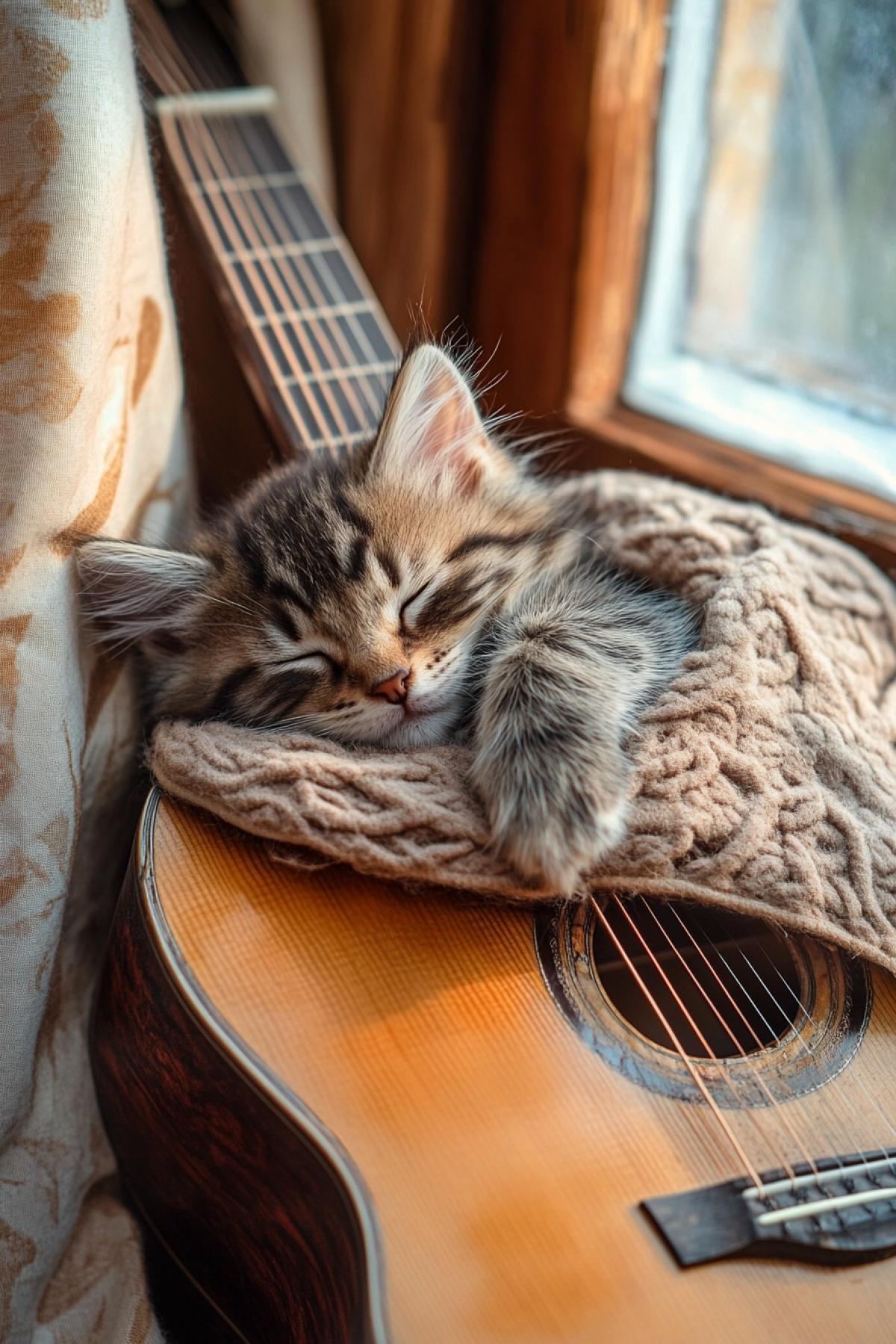 A kitten sleeping in an old guitar, soft folds of a blanket inside the case, evening sunlight shining through the windows, warm shades of brown wood, light reflections on the strings, an atmosphere of comfort and peace, small details of the cat’s paws, the contrast of the softness of the fur and the texture of the wood.