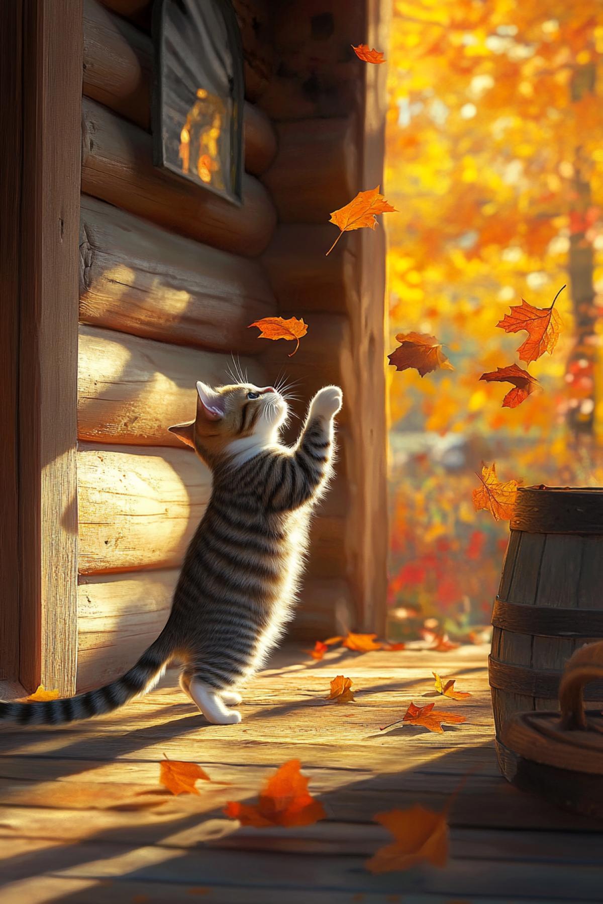 A cat playing with autumn leaves on the porch of a wooden house, multi-colored maple leaves scattered on the floor, the rays of the setting sun creating long shadows, a golden-red palette, the dynamics of jumping and catching leaves, a light breeze, a rustic idyll, a feeling of warmth and calm.