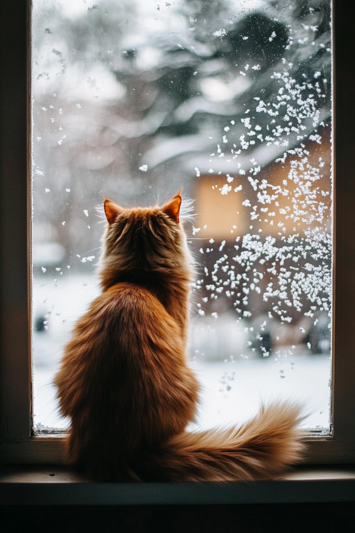 A cat sitting on the windowsill looks out the window at the falling snow, there is a quiet winter landscape outside the window, frost patterns on the glass, the cat is softly illuminated by room light, details of the fluffy tail and ears, a feeling of warmth and comfort inside, cold colors outside the window, contrast between warmth and cold.