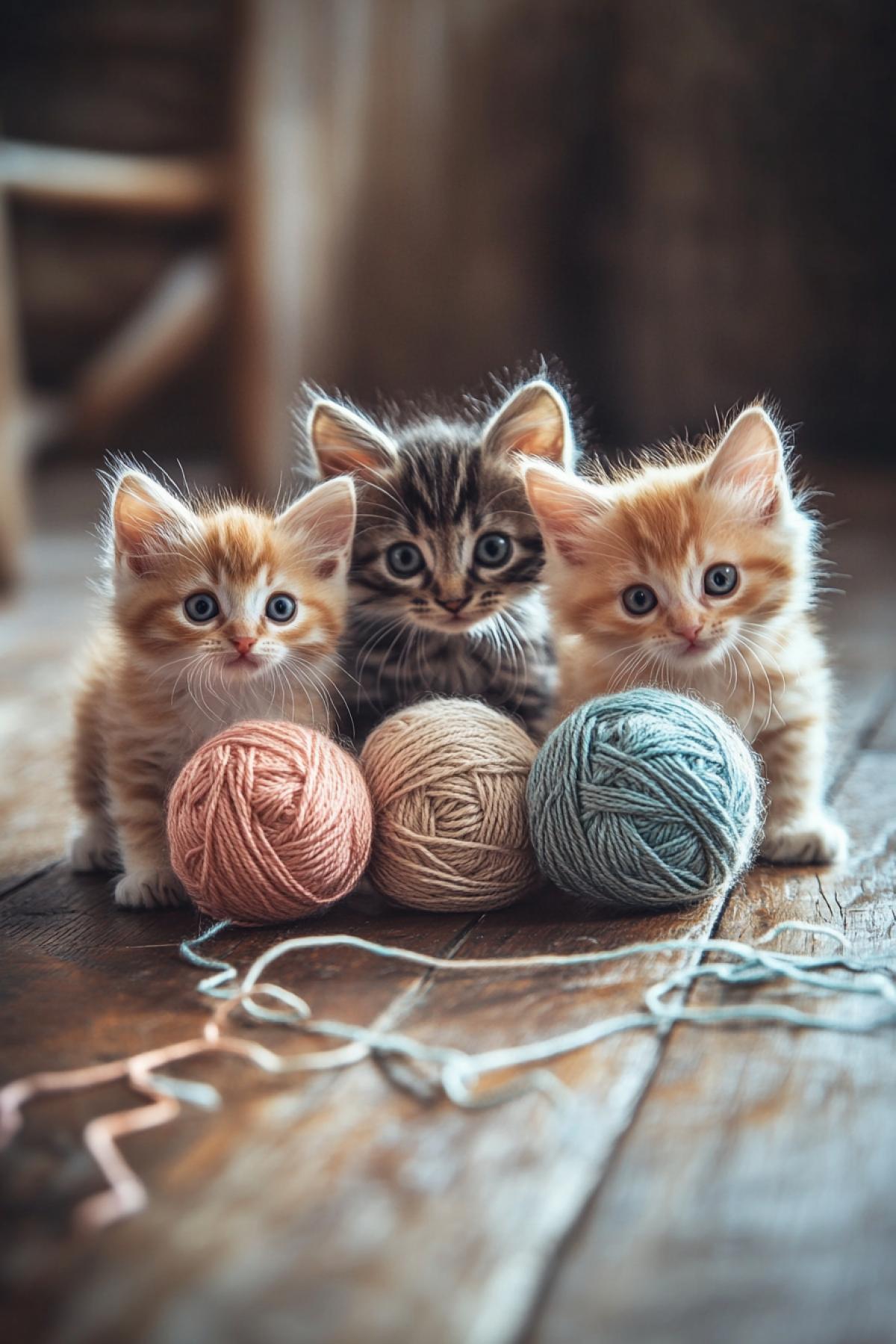Three kittens playing with balls of colorful yarn, the balls are rolled out on a wooden floor, soft light fills the room, pastel colors, small claws tangled in the threads, an atmosphere of childhood and carefreeness, an emphasis on the textures of yarn and soft wool, home comfort and joy.