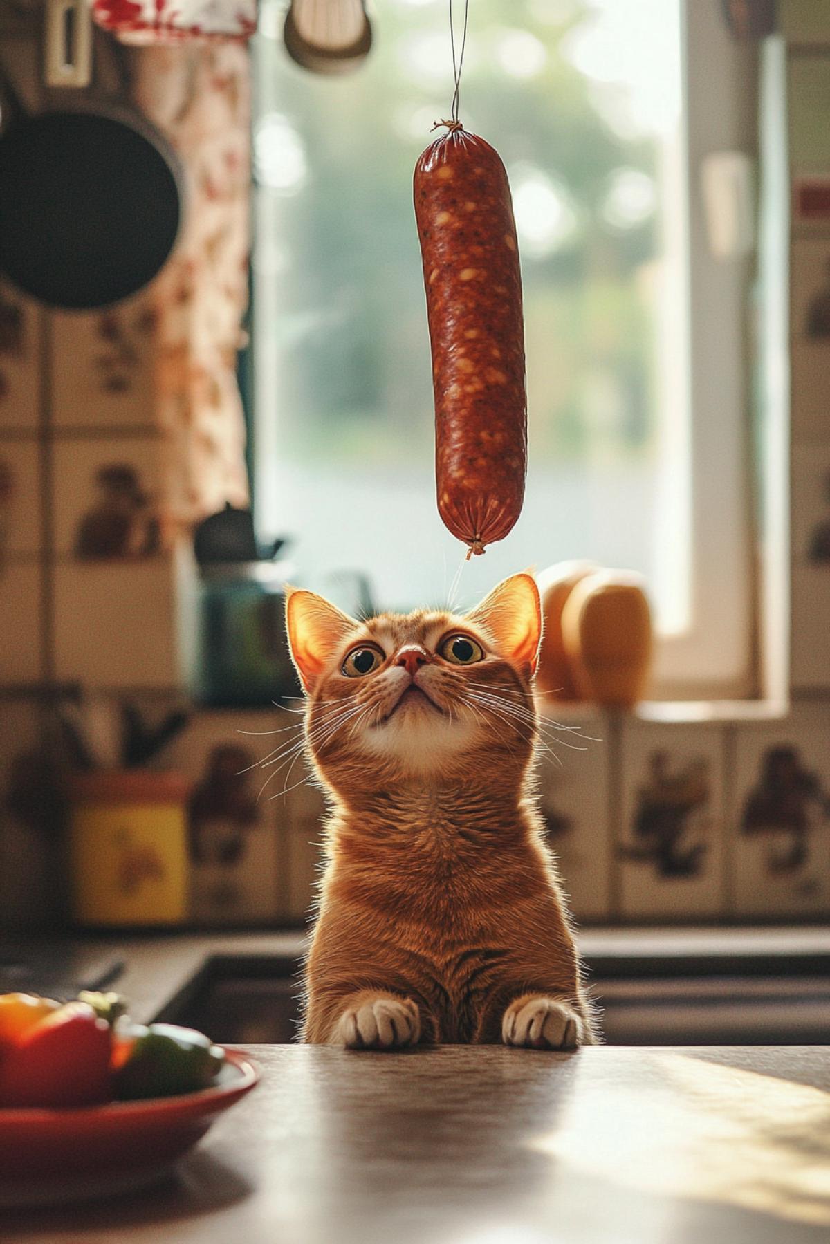 A cat with wide eyes and an admiring expression on his face sits in front of a large sausage hanging on the kitchen countertop, paws stretched up in an attempt to reach, tense 4k, light kitchen with retro elements, soft shadows, a feeling of desire and excitement, a comic and touching scene.