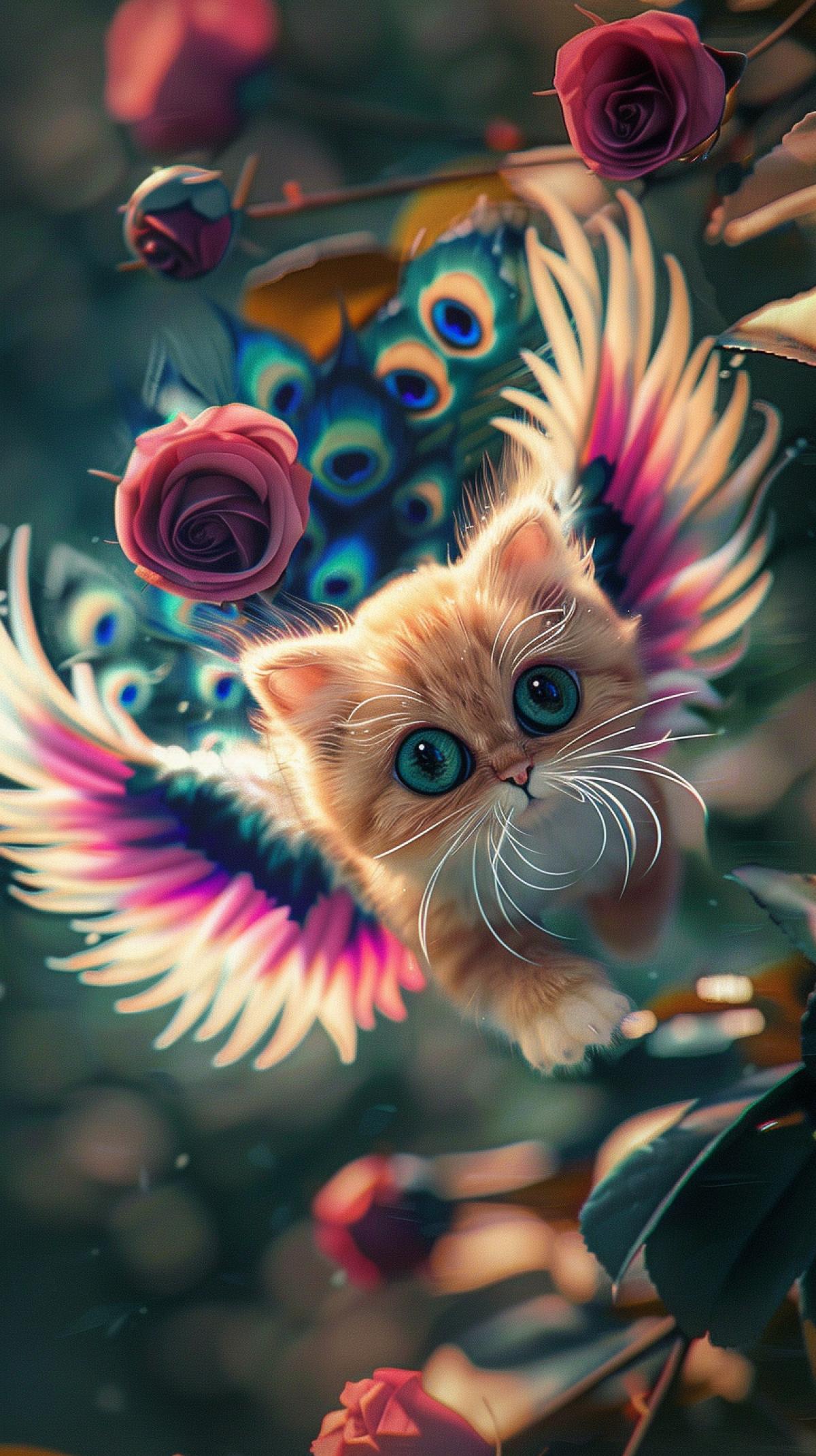 Tiny fluffy cute flying alien over rosehip flowers, art bionical, Fluffy cat peacock, alien cat, bright, surrealism, all dark eyes, with big velvet fluffy wings, hyper-detailed, hyperrealism, photorealism, big fluffy peacock wings, Gradient, juicy , cyberrealism, ultrarealism, realistic, professional photo, beautiful, aesthetically pleasing, high detail, high resolution, detailed cat