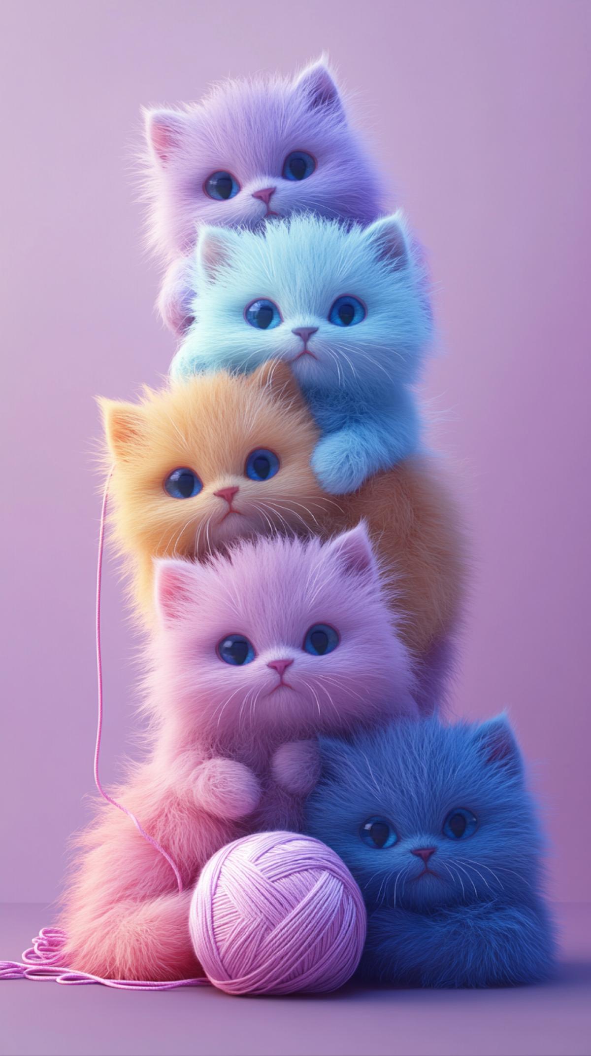 Cute, fluffy multi-colored kittens in a group at the bottom of the frame, five or six of them, one ball of thread, cartoonish, 3D, on a gentle background