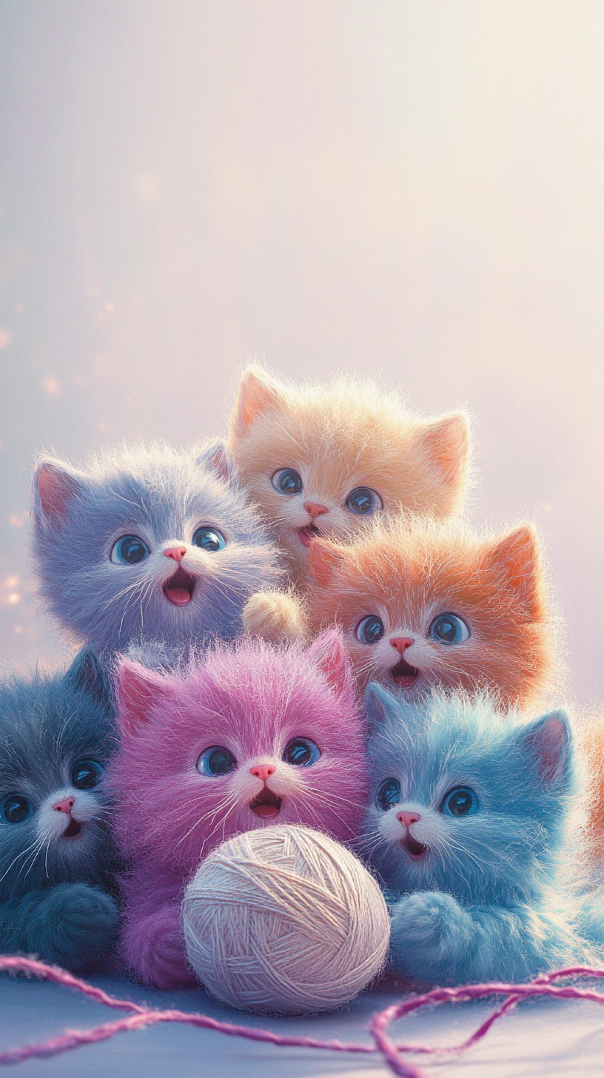 Cute, fluffy multi-colored kittens in a group at the bottom of the frame, five or six of them, one ball of thread, cartoonish, 3D, on a gentle background