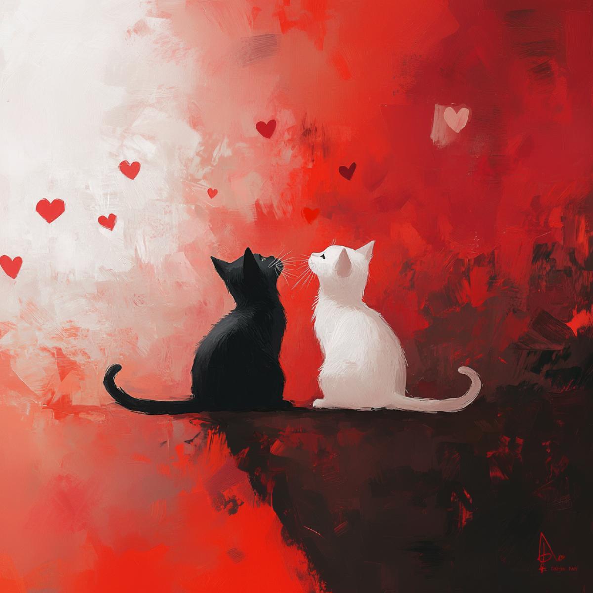 side view, profile, cinematic scene, two cats sitting next to each other with hearts above them, minimalist illustration, groom inspired by Pamela Coleman Smith, connecting lives, red dark and white, beautiful labels, simplistic, tail-heart shape, pastel ivory and pastel jam colors. styled by Karel Dujardin fabulously ethereal fantasy oil painting, amazing variety of colors, trending on Artstation, 8K, high detail, intricate details,