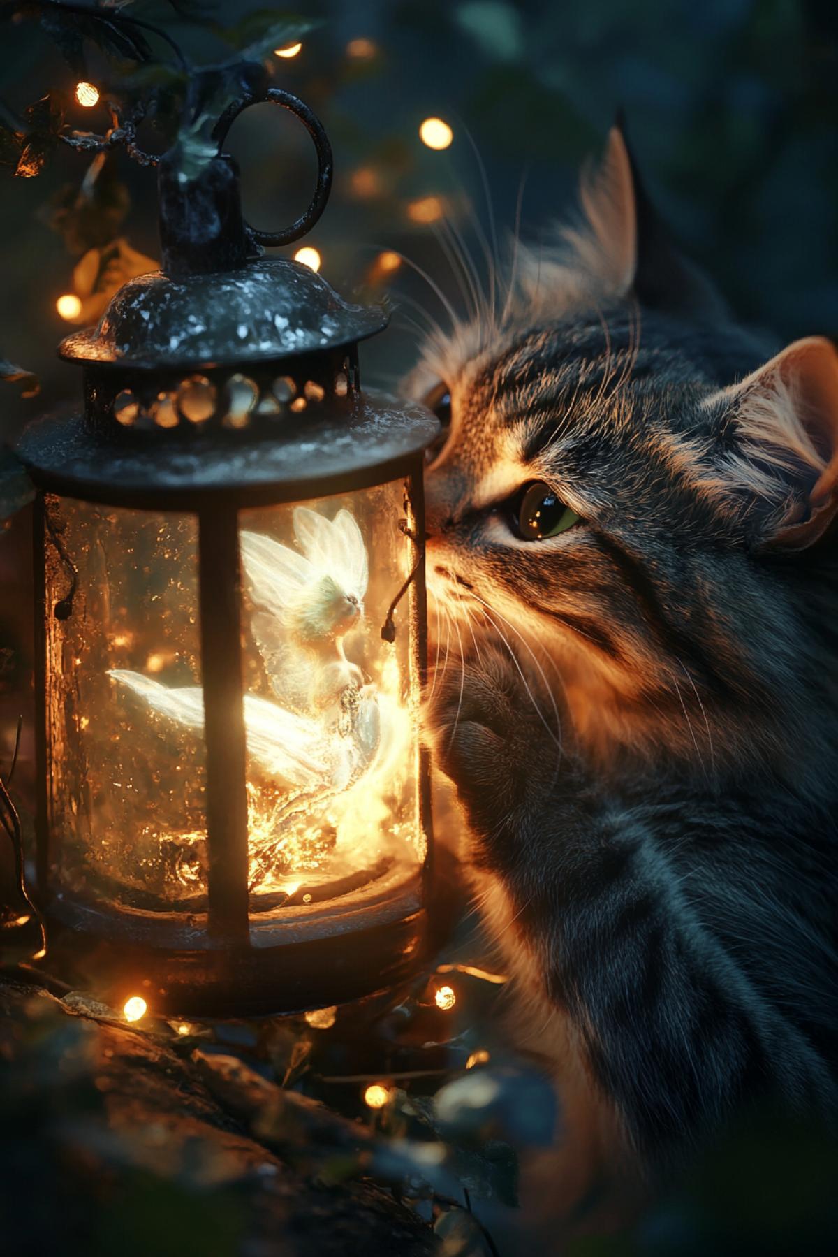 A cat hugs a magic lantern with a glowing fairy inside, photorealistic, atmospheric