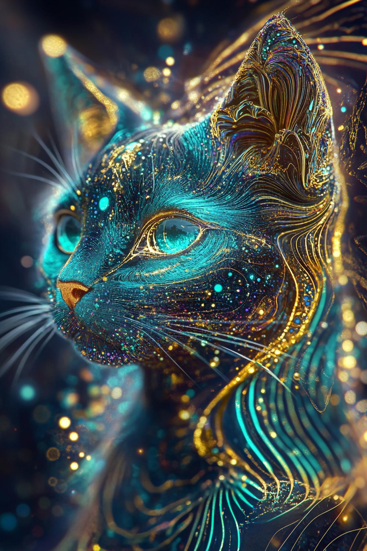 a meticulously crafted portrayal of a fantasy cat adorned in vibrant teal, emerald, and gold hues. Quantum dots dance across its fur, mirroring energy levels through swirling cosmic gold patterns. The com4k includes elements like pearly dewdrops, refraction diffraction, ferrofluid dynamics, asymmetrical polyhedra toys, ornate line tracings, and intricate details reminiscent of akashic records. The visual experience is enhanced by the use of octane render, culminating in a mesmerizing display featuring gold hieroglyphics.