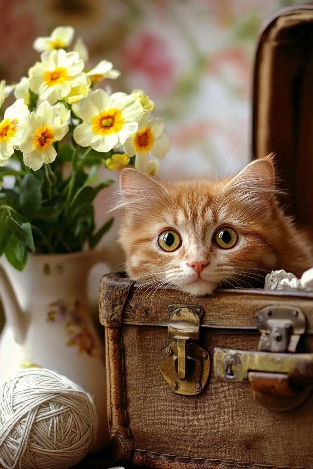 A red cat peeks out cautiously and curiously from an old brown suitcase, next to a vase with a bouquet of primroses. Background floral Victorian wallpaper, a ball of thread