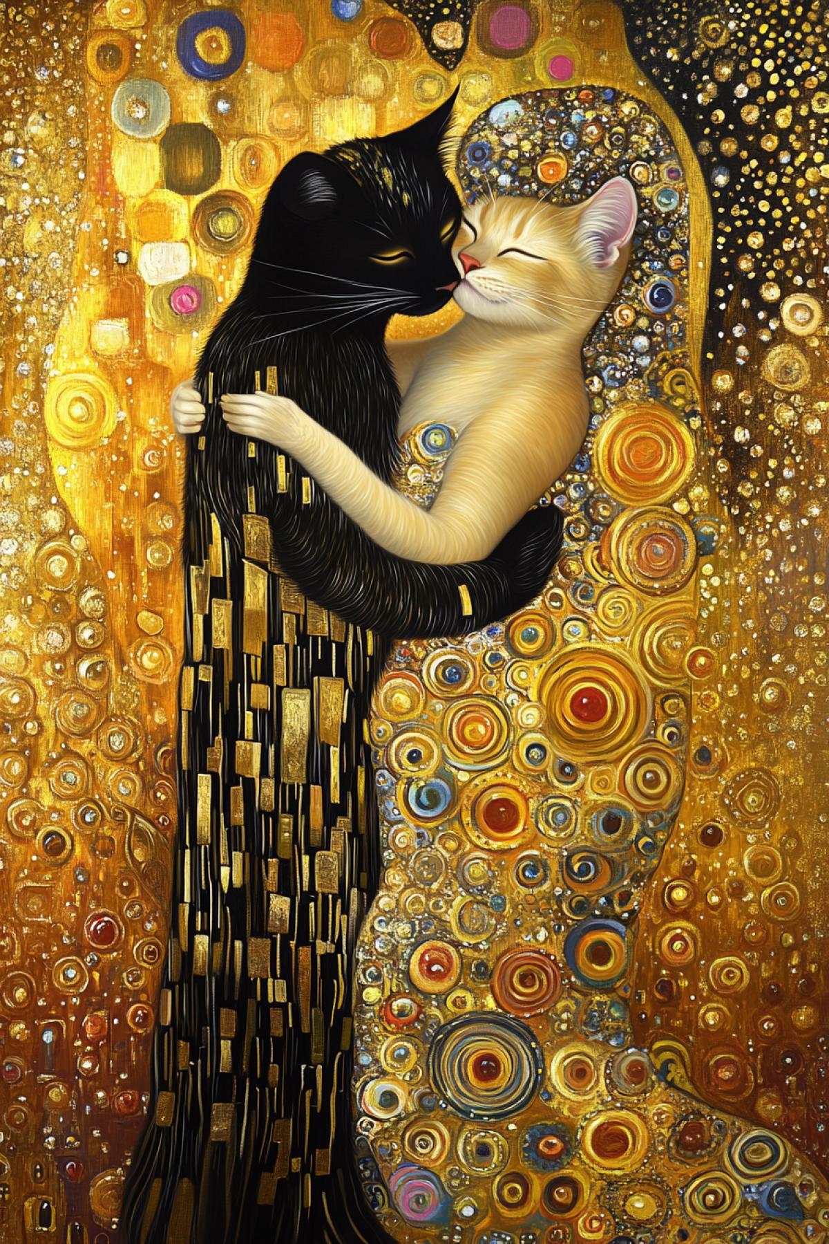 Surreal Gustav Klimt-themed painting, a pair of felines in love entwined amidst a cascade of vibrant, golden Secession patterns, textures of ornate jewels adorning their fur, golden hues dominate, capturing the essence of Falling in Love, romantic atmosphere, embracing in an ethereal backdrop, rich in symbolism, texture overflowing with Klimts iconic gold leaf, digital painting, ultra fine, golden ratio, highly detailedSurreal Gustav Klimt-themed painting, a pair of felines in love entwined amidst a cascade of vibrant, golden Secession patterns, textures of ornate jewels adorning their fur, golden hues dominate, capturing the essence of Falling in Love, romantic atmosphere, embracing in an ethereal backdrop, rich in symbolism, texture overflowing with Klimts iconic gold leaf, digital painting, ultra fine, golden ratio, highly detailed