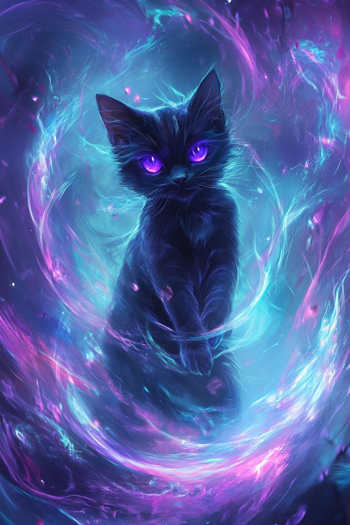 in the center of a beautiful whirlwind there is a dark cat with big purple eyes, neon