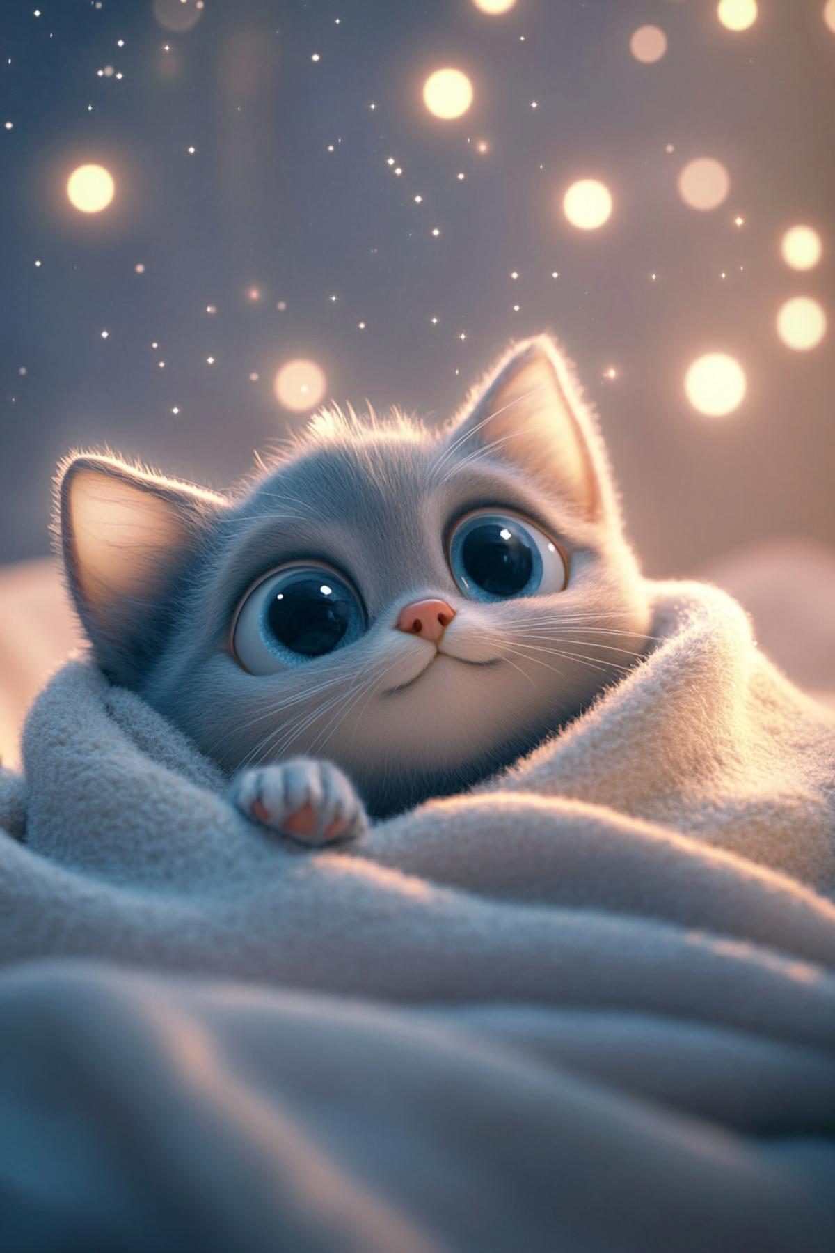 Magic sparkles, the atmosphere of a cozy nursery, a cute and charming gray British kitten peeks out from a fluffy blanket, bokeh