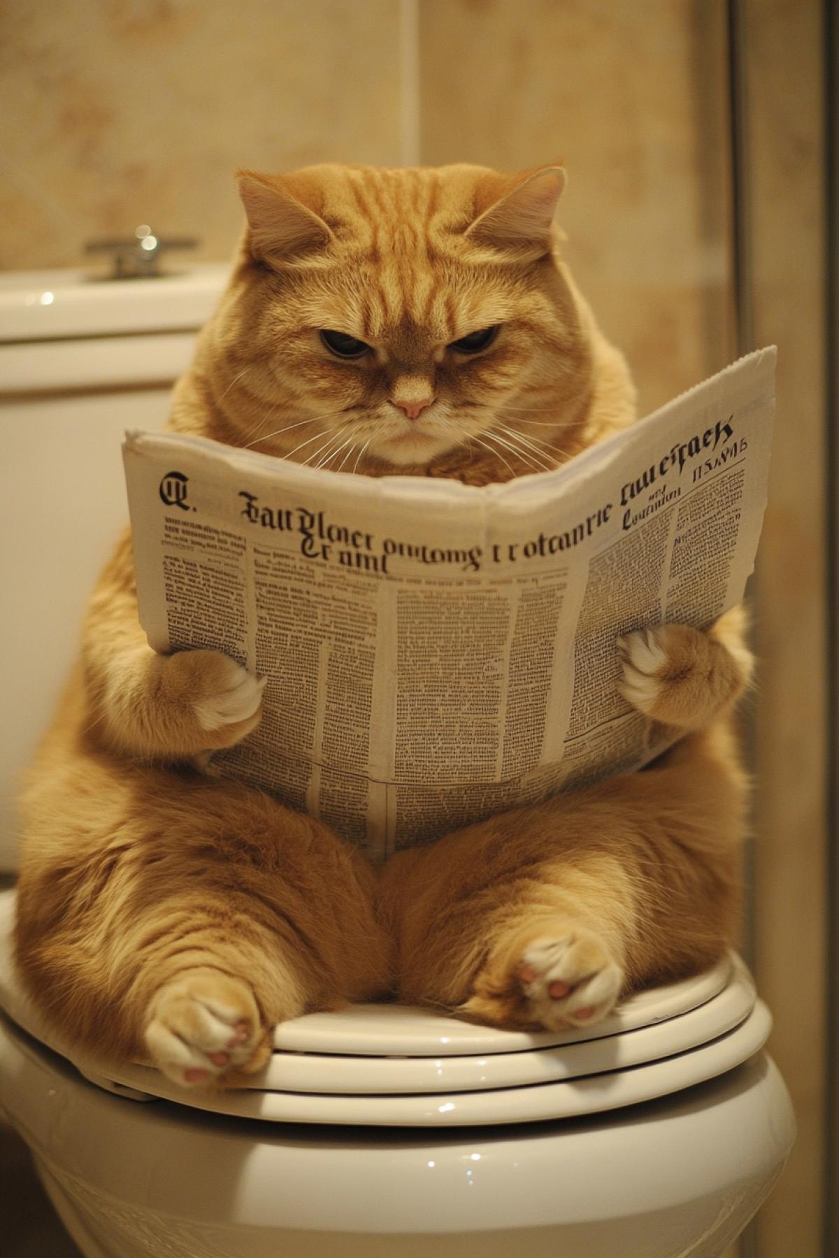 Fat cat on toilet reading a newspaper