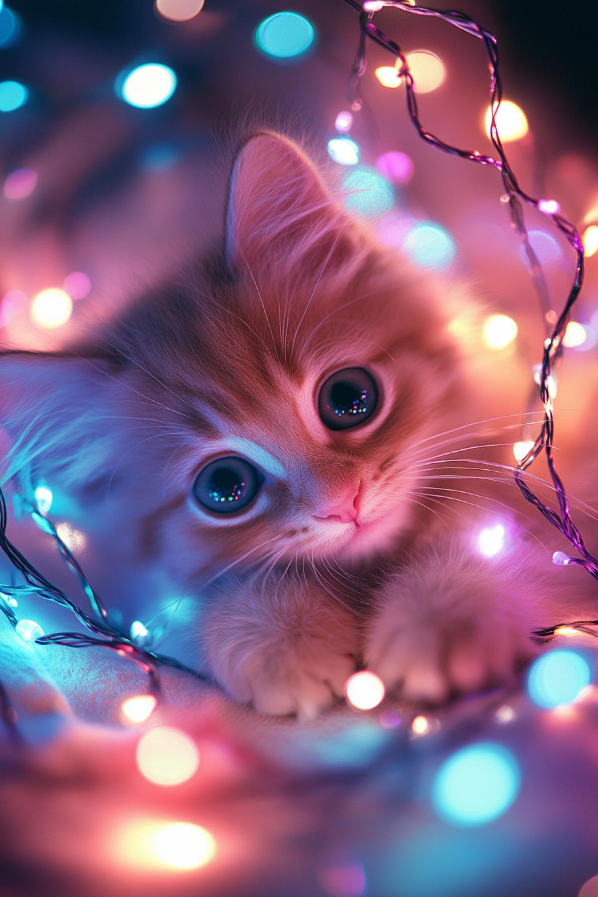 A Little pretty kitten playing with colourful lights, fantasy shine, atmospheric, photorealistic