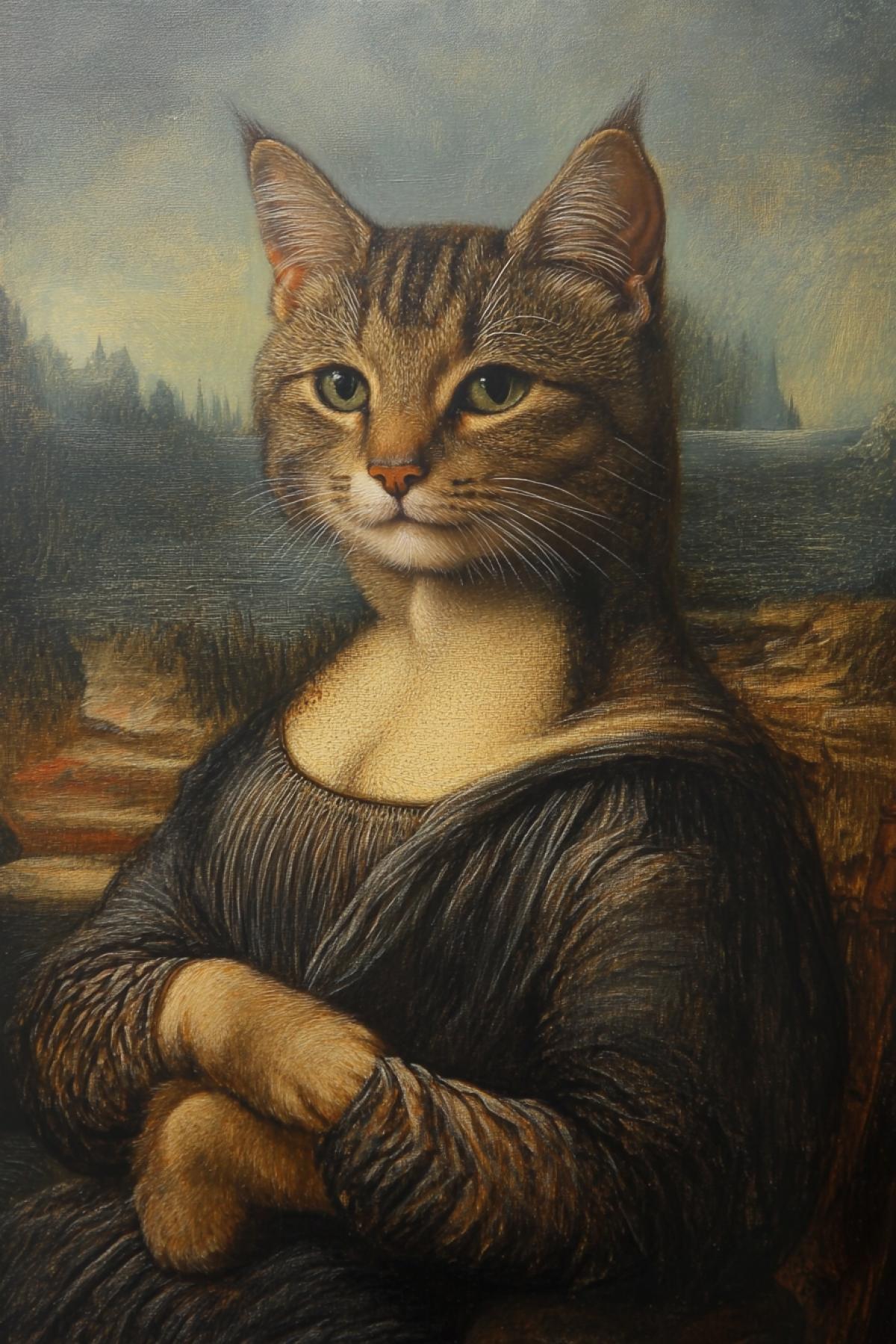 Female cat smiling as leonardos gionda oil canvas leonardo da vinci art