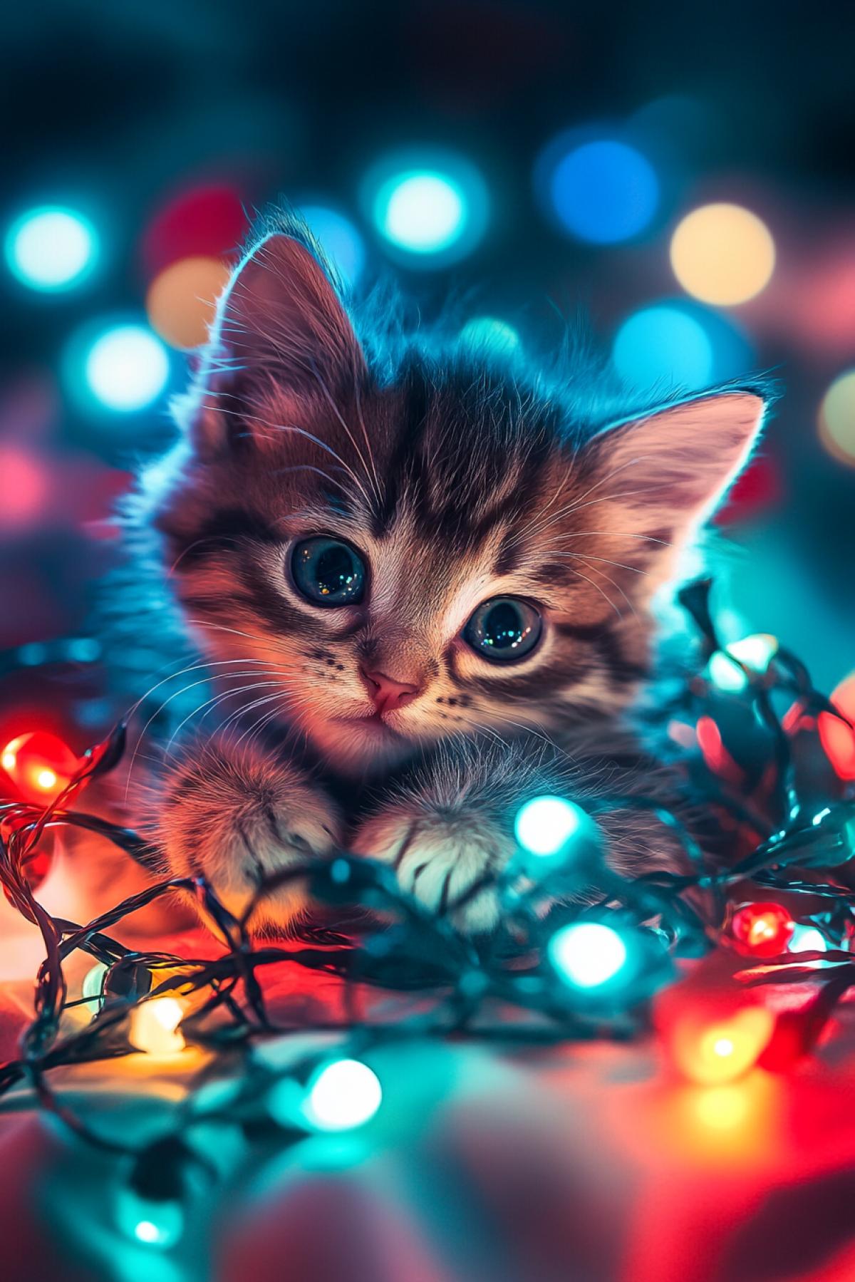 A Little pretty kitten playing with colourful lights, fantasy shine, atmospheric, photorealistic