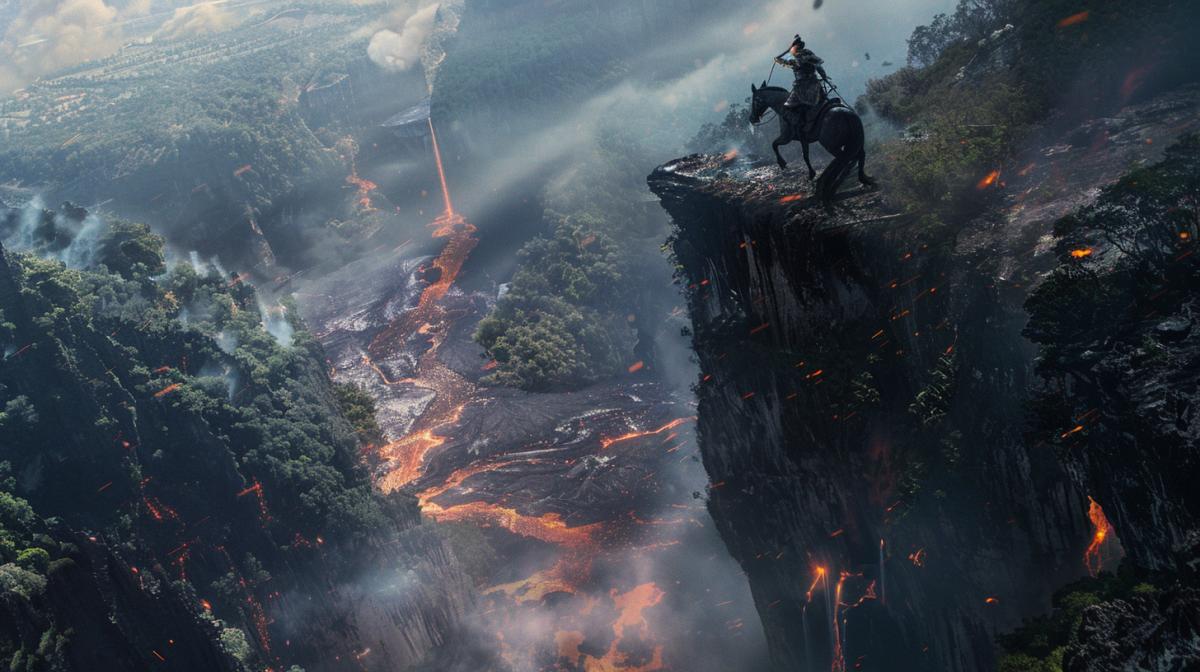 A rider on a horse rearing up on the edge of an abyss, sheer cliffs, tropical forest, lava flows at the bottom of the abyss, a still from a fantasy film