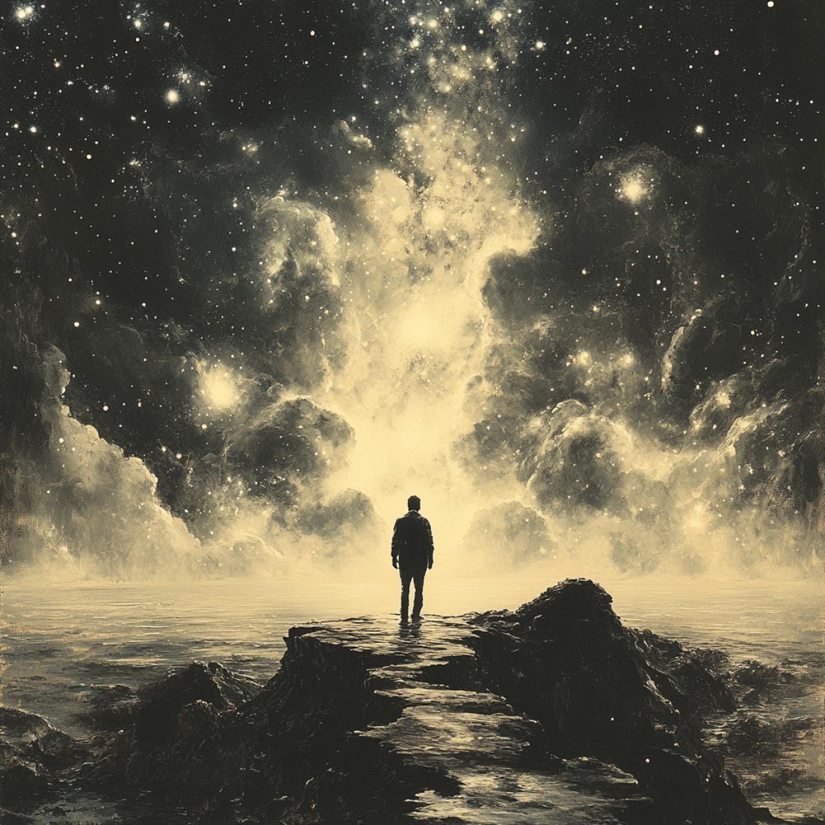 Night, starry sky A man who has lost everything, who has lost everything, stands on the edge of an abyss, ready to take one step and fall into the abyss