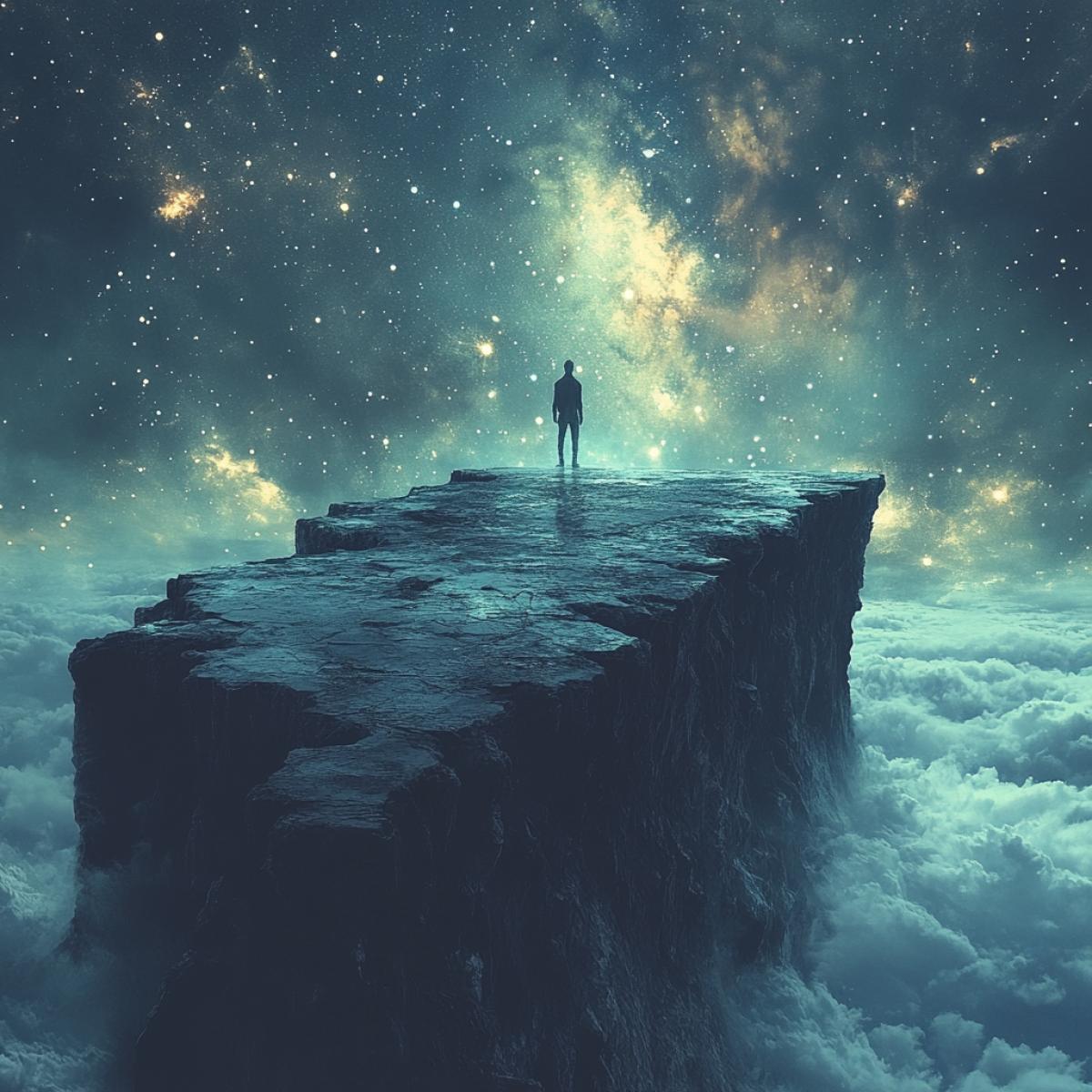 Night, starry sky A man who has lost everything, who has lost everything, stands on the edge of an abyss, ready to take one step and fall into the abyss
