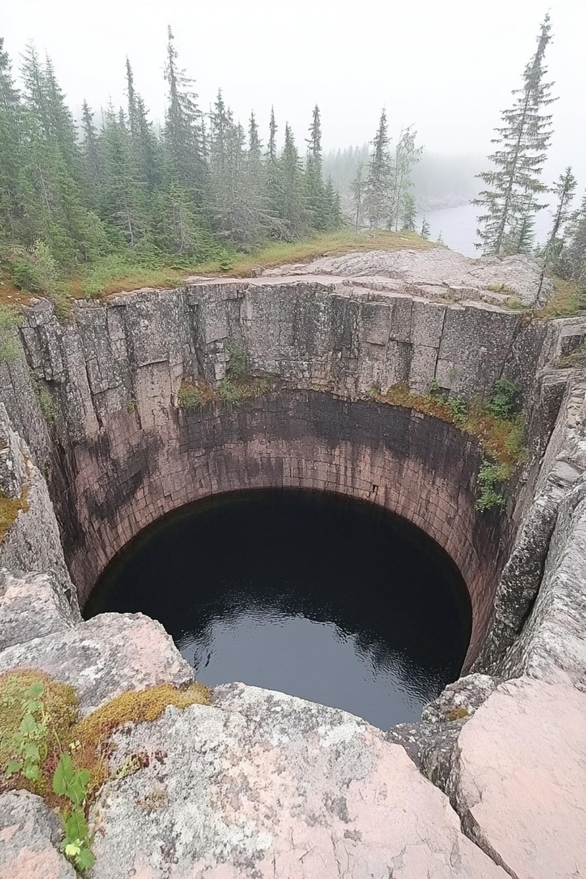 Horrible scary abyss in the foggy swamps of Karelia