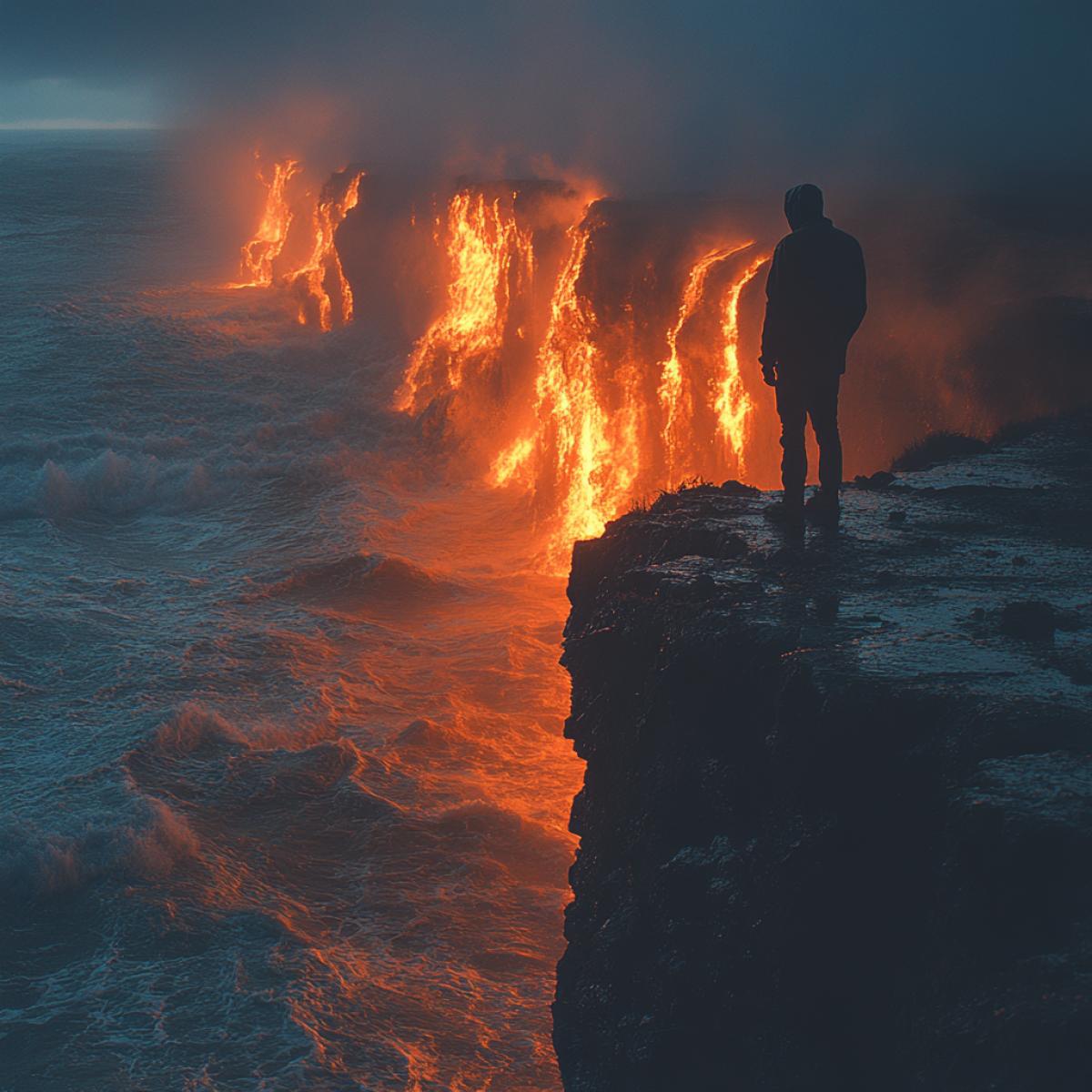 Late evening, rain, cold wind, a man stands on the edge of an abyss, behind him is a scorched earth of loss, ahead is an abyss of uncertainty.