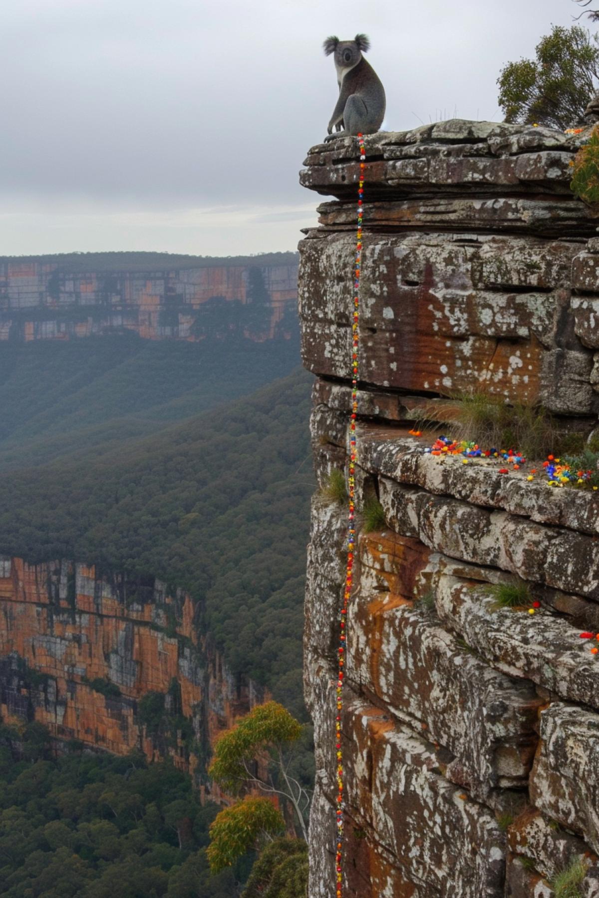 A koala sits on the edge of a cliff, below there is an abyss, a pit, a candy paradise full of sweets