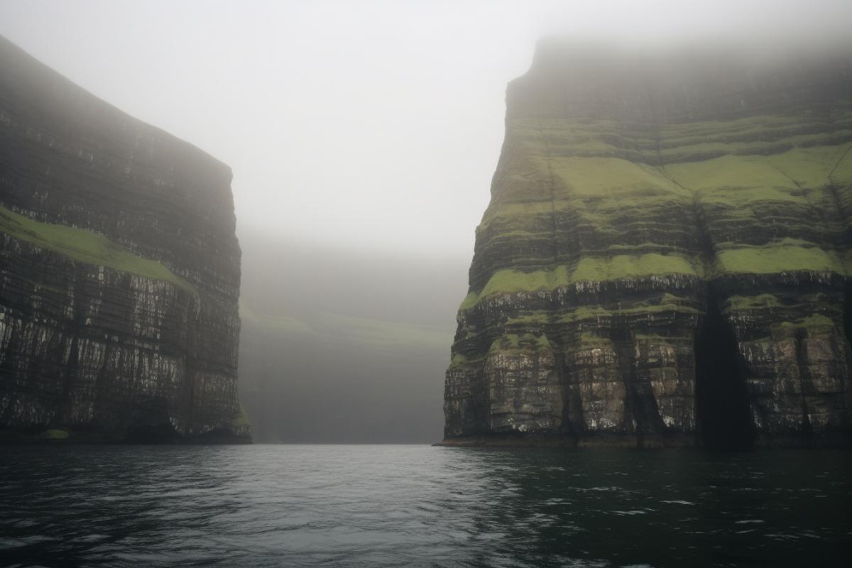 High cliffs and cliffs of the Faroe Islands, northern lights