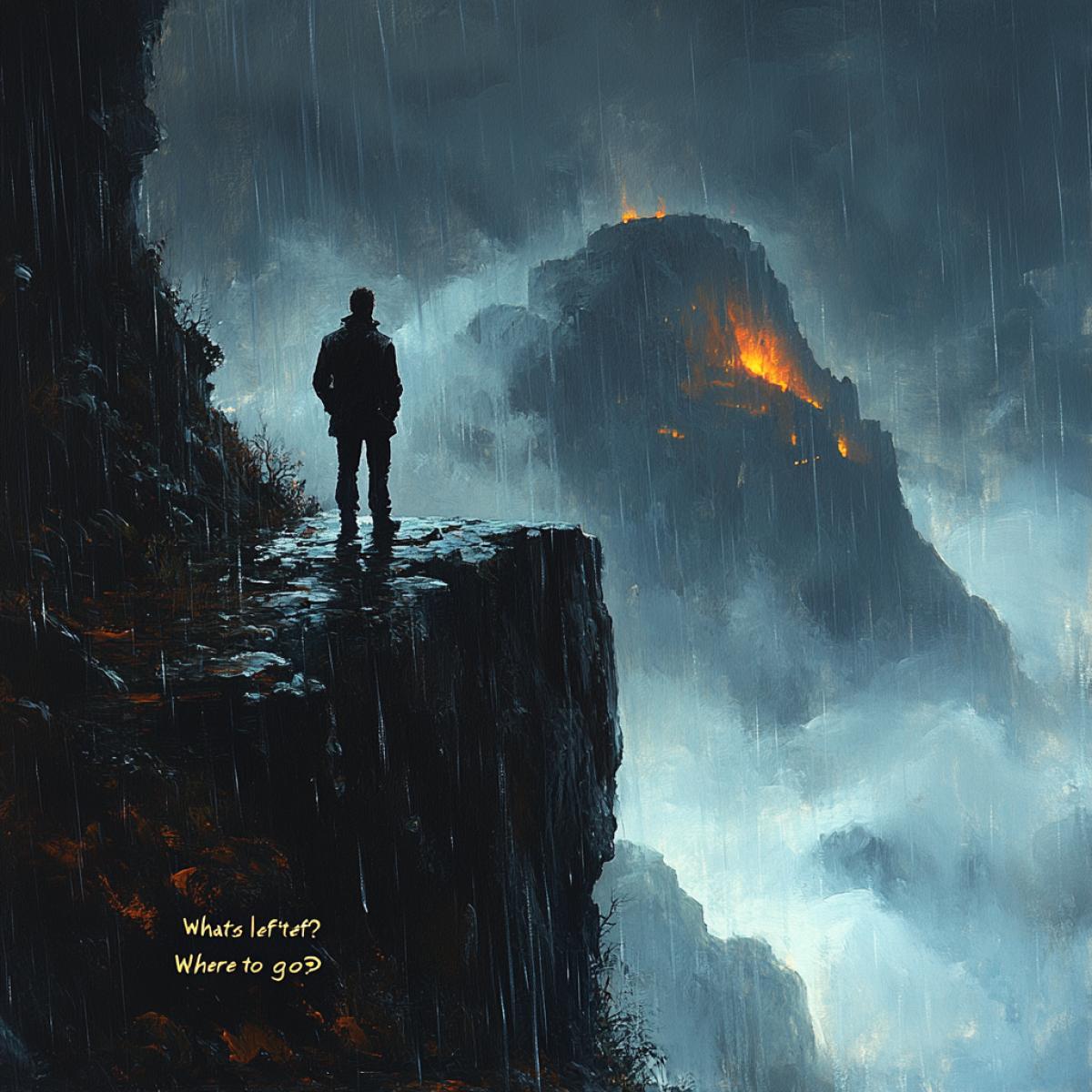 Night, heavy rain and cold, a man stands on the edge of a high cliff. A person experiences . internal monologue.    \"Whats left? Where to go?\" – unanswered questions swirled in his head as he stood on the edge between a past that no longer existed and a future that he could not imagine. A very deep and emotional topic.. Close-up image, dim gray lighting, paints, dark white, gray