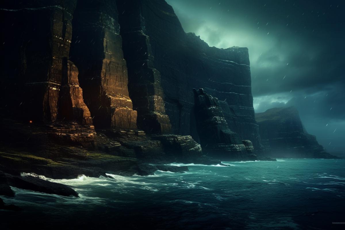 Night, northern lights in the Faroe Islands, cliffs and rocks