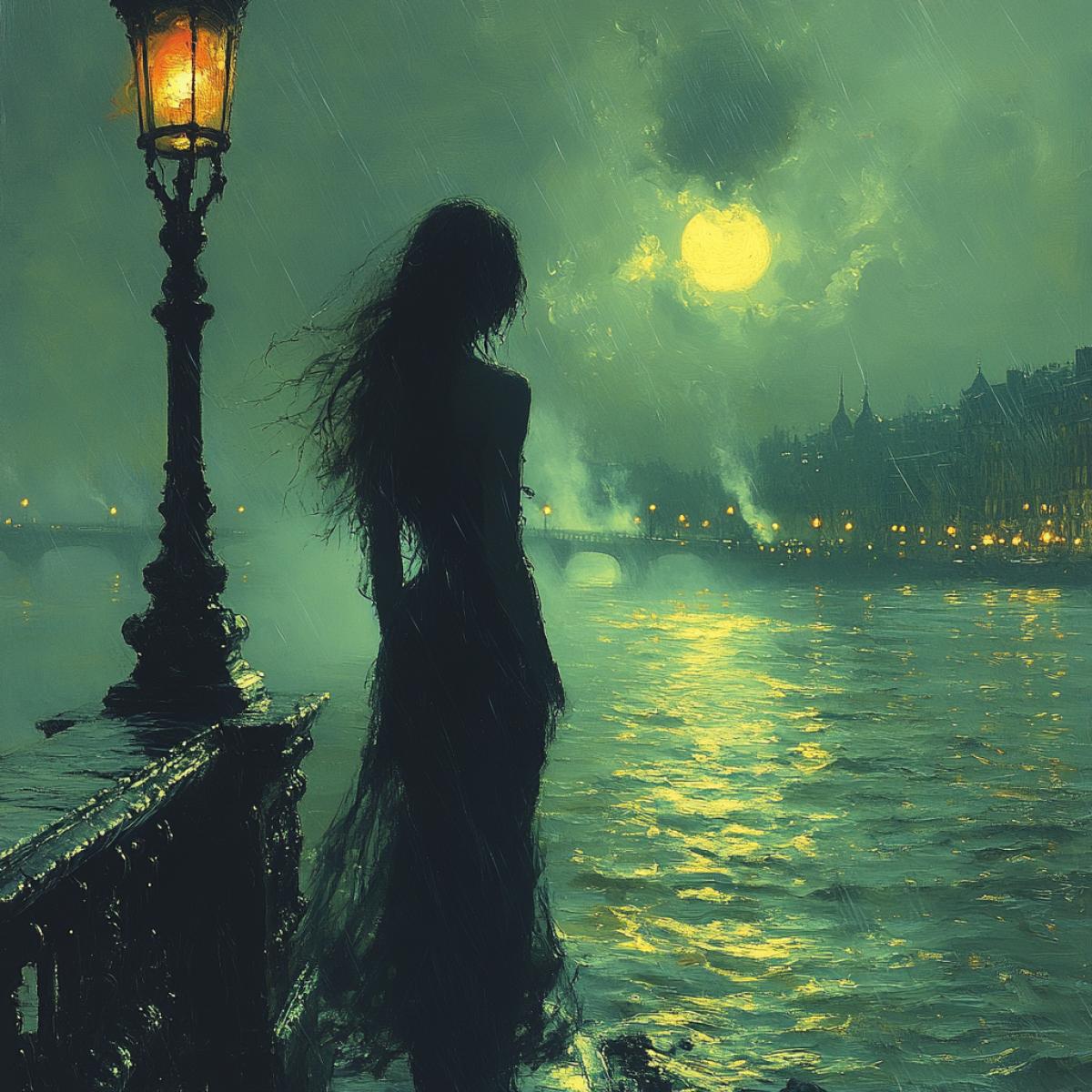Embankment, night, rain, strong wind.. There is a girl standing on the railing of the bridge, ready to jump down into the abyss from where the sound of water is coming. A wet dress, wet hair, tears emphasize the drama of what is happening, the drama of a man driven to the edge of an abyss who has lost everything.