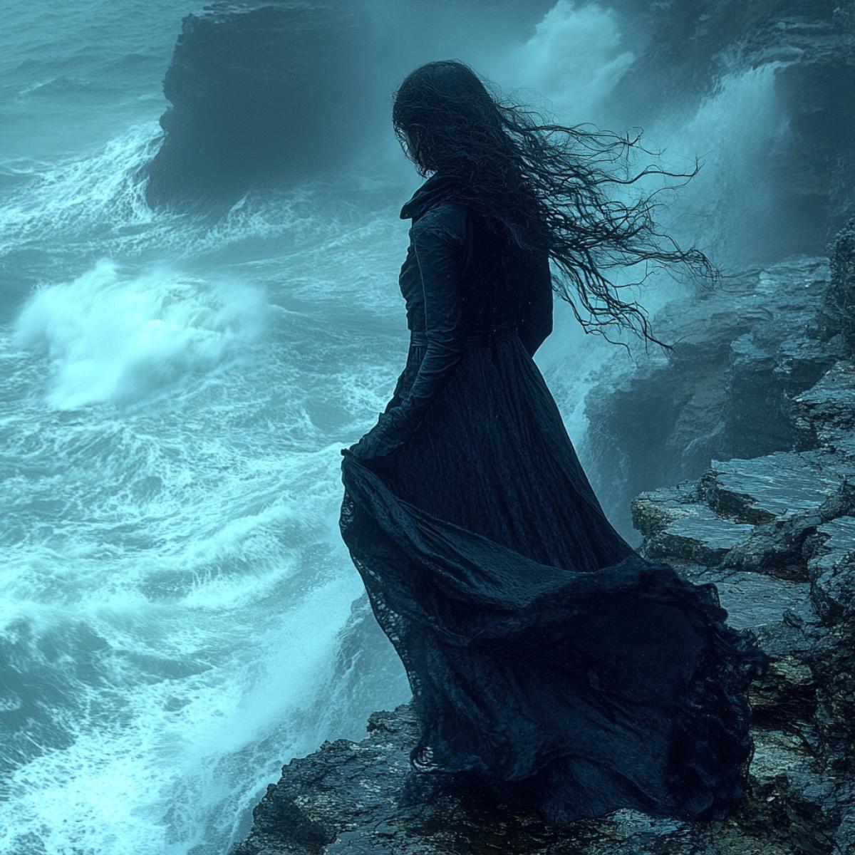 Dark cold autumn night, heavy rain, gusty wind. A girl in a dark dress and scarf stands on the edge of a cliff, holding a funeral in her hands. standing on the edge, she takes a step and begins to fall into the abyss of the waves