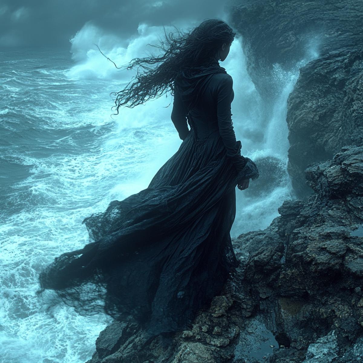 Dark cold autumn night, heavy rain, gusty wind. A girl in a dark dress and scarf stands on the edge of a cliff, holding a funeral in her hands. standing on the edge, she takes a step and begins to fall into the abyss of the waves