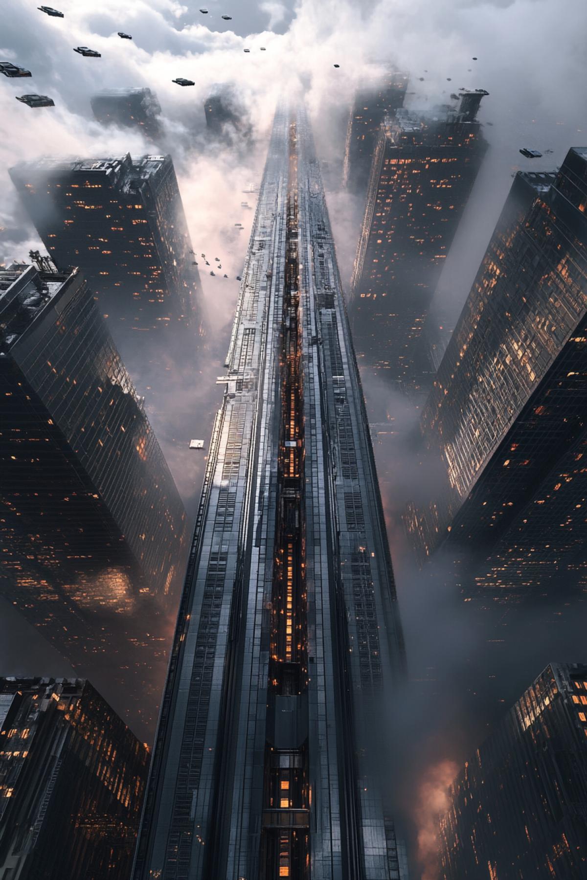 Skyscraper, futuristic, fantastic, unreal, creative design, ambitiously, deus ex style, atmospheric, another world, Height, abyss
