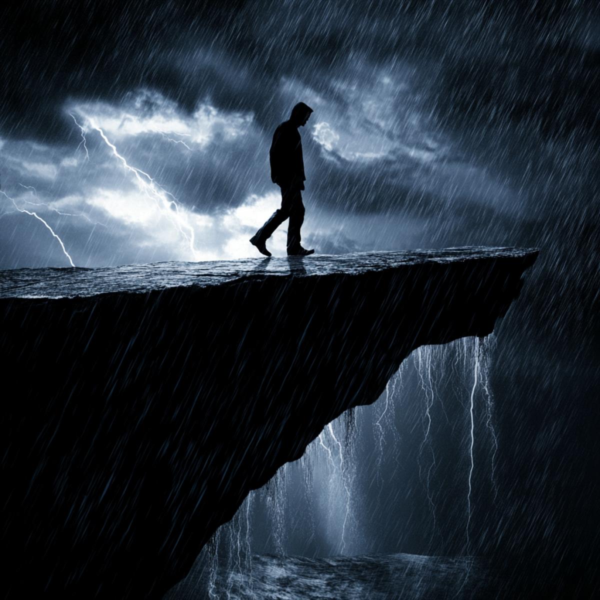 Close-up image, night, rain, hurricane, A man walking on a razor blade on the edge of an abyss in hell