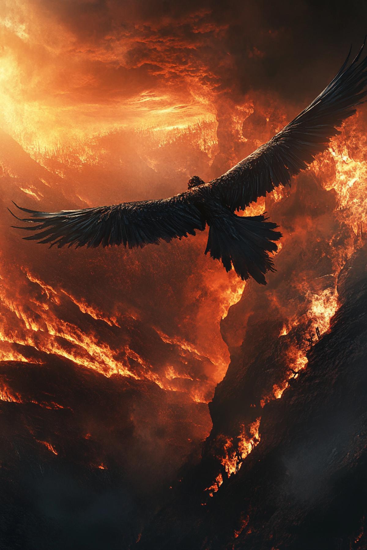 The flight of the dark angel over the infernal abyss, top view, photorealism, dynamic, atmospheric, high detail