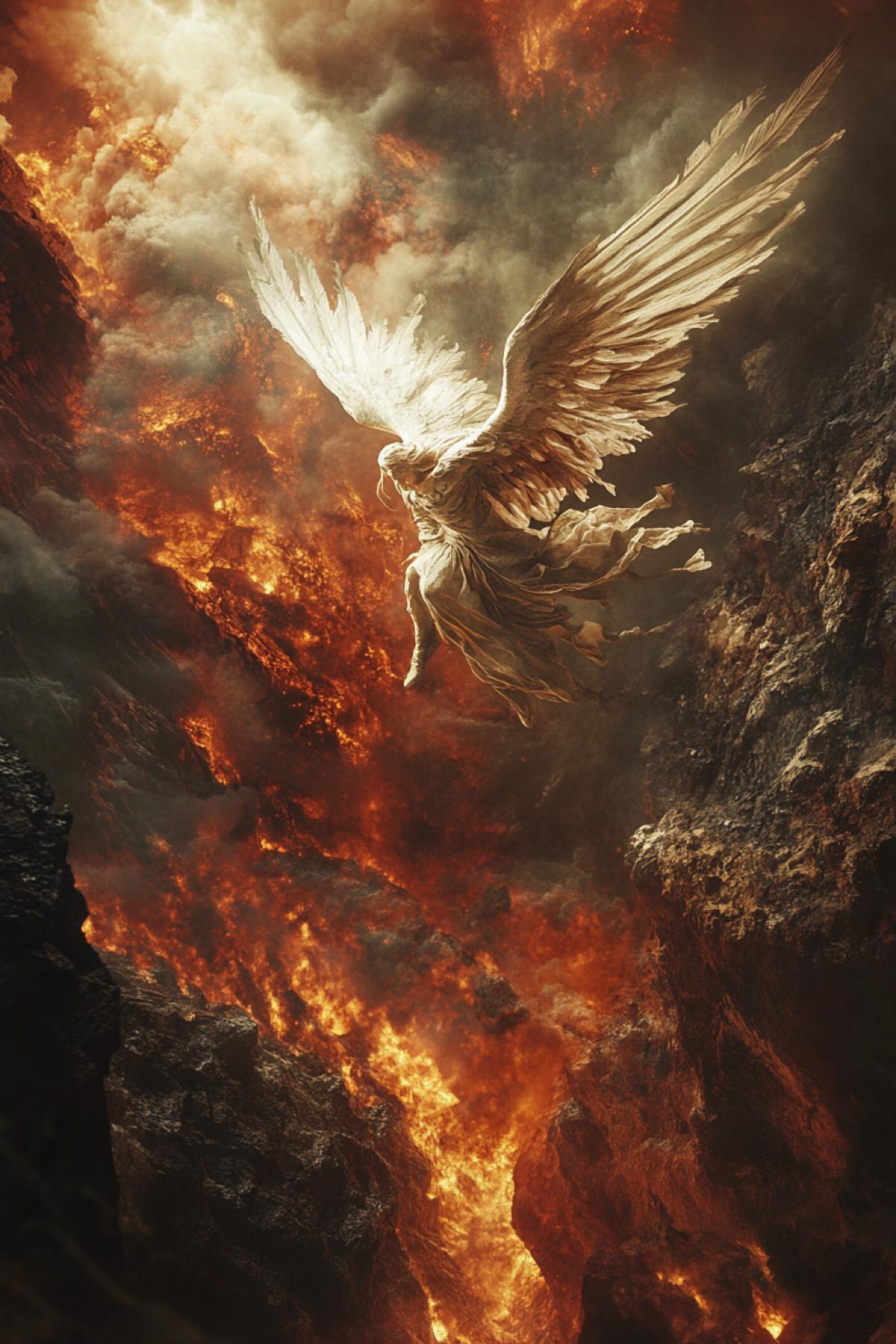 The flight of the angel over the infernal abyss, top view, photorealism, dynamic, atmospheric, high detail, epic