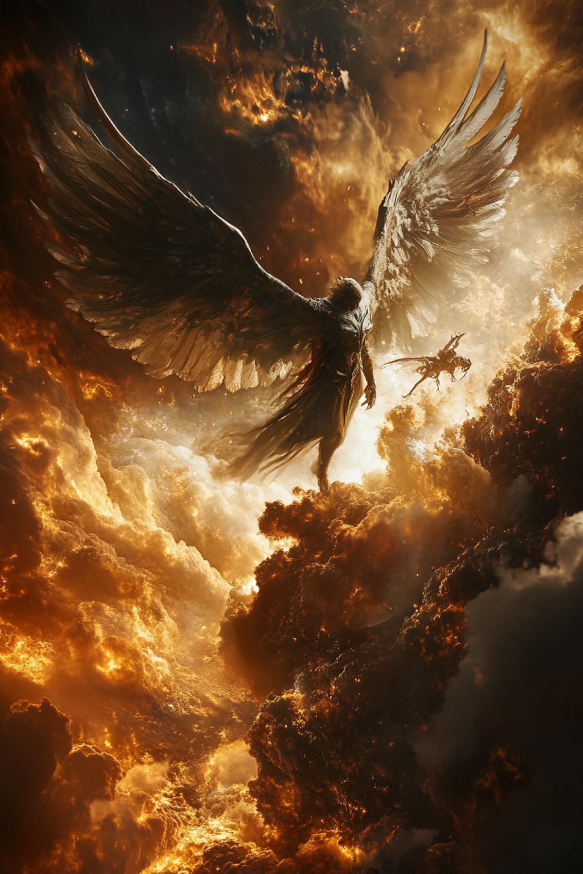 The flight of the angel over the infernal abyss, top view, photorealism, dynamic, atmospheric, high detail, epic
