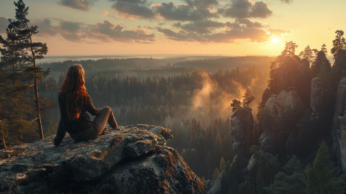 In the foreground is a girl with flowing long hair on the edge of a high cliff, rocks, pine forest, rising sun, contour lighting
