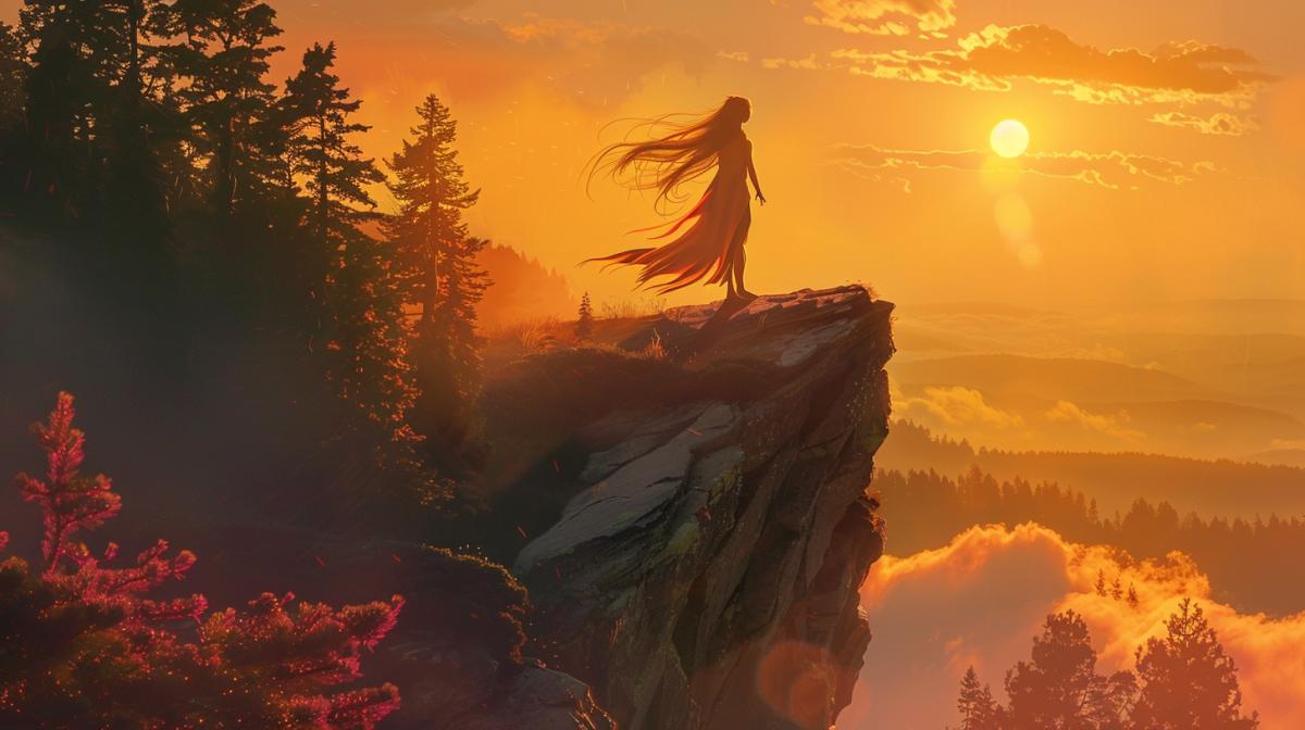In the foreground is a girl with flowing long hair on the edge of a high cliff, rocks, pine forest, rising sun, contour lighting