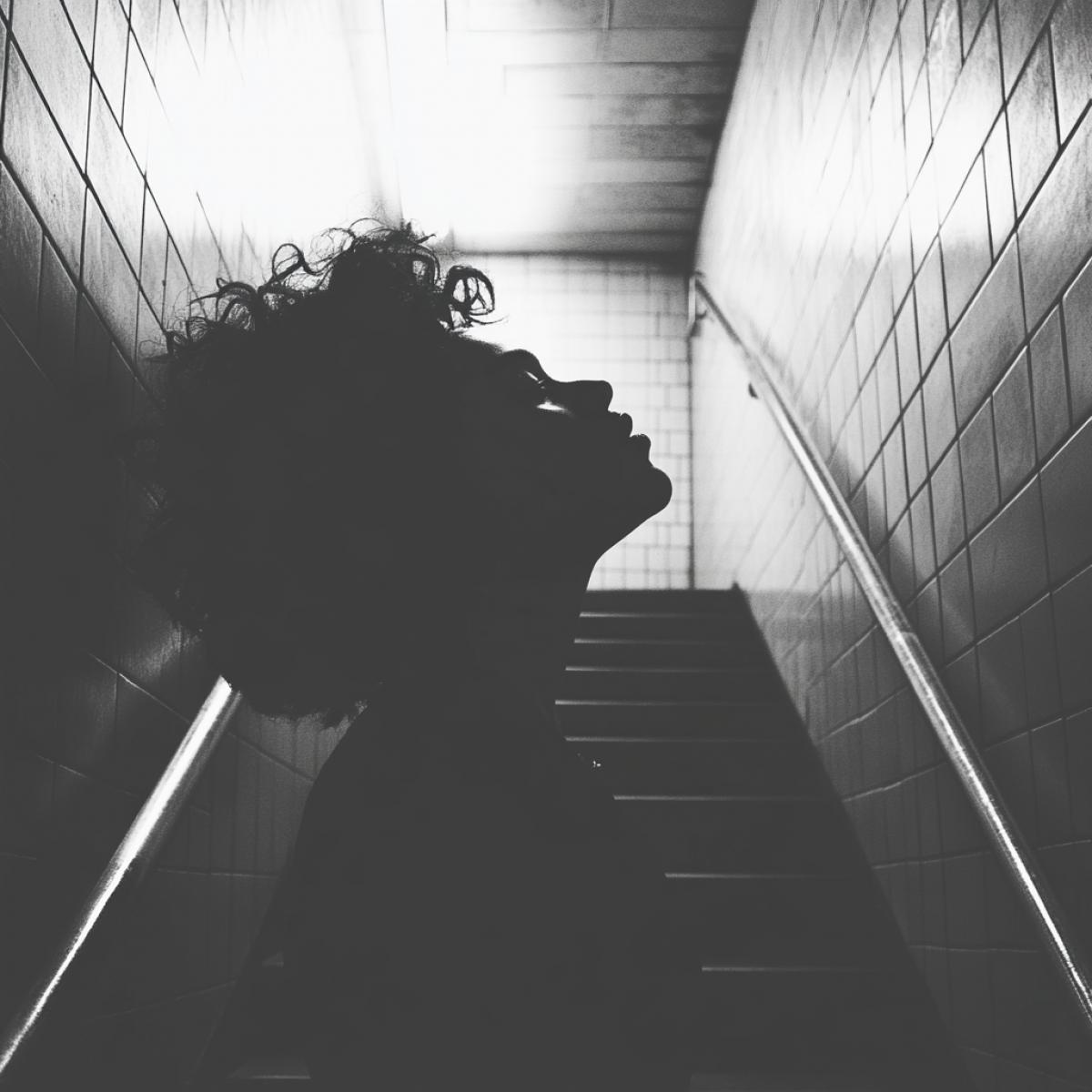 A young drunken woman sits on the railing of an underground passage, with the risk of falling down into the deep abyss of an underground passage or subway entrance, in a gloomy state, not noticing anything around