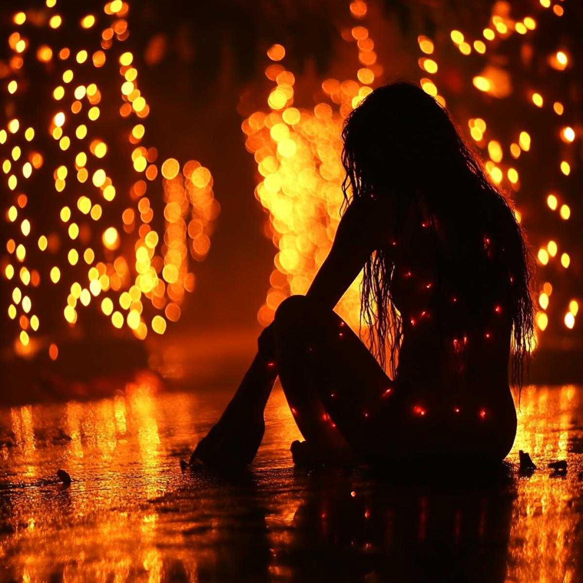 A young drunken woman sits on the railing of an underground passage, with the risk of falling down into the deep abyss of an underground passage or subway entrance, in a gloomy state, not noticing anything around