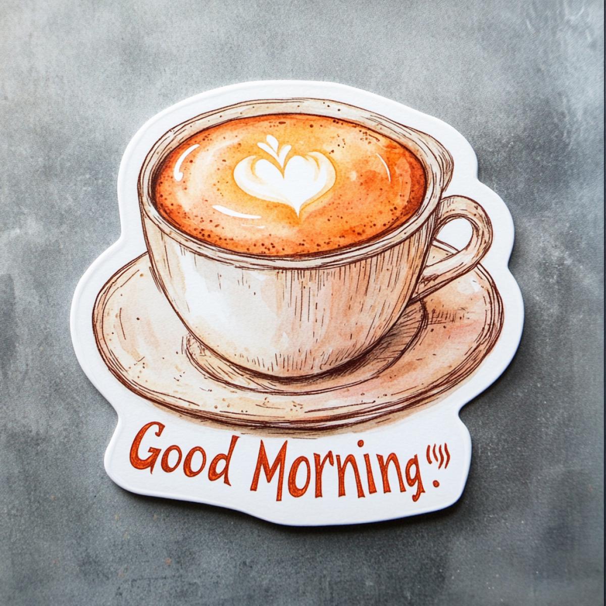 A cup of flavored cappuccino, the inscription at the bottom reads \"Good Morning.\" Sticker.