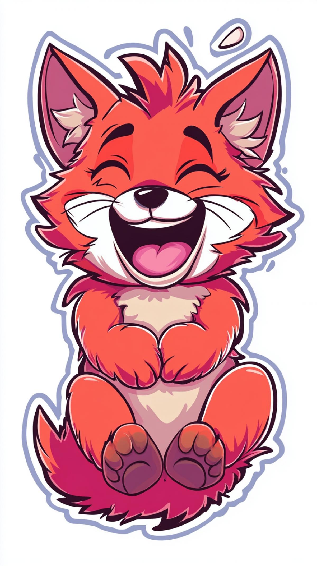 Sticker fun laughter. Funny fluffy red animal, laughs to tears, rolls around with laughter, tears splash in different directions