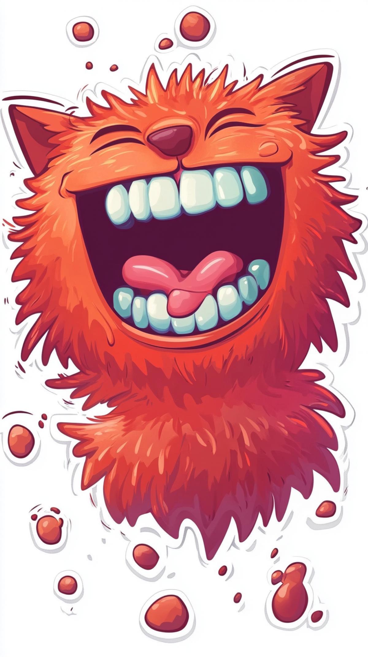 Sticker fun laughter. Funny fluffy red animal, laughs to tears, rolls around with laughter, tears splash in different directions