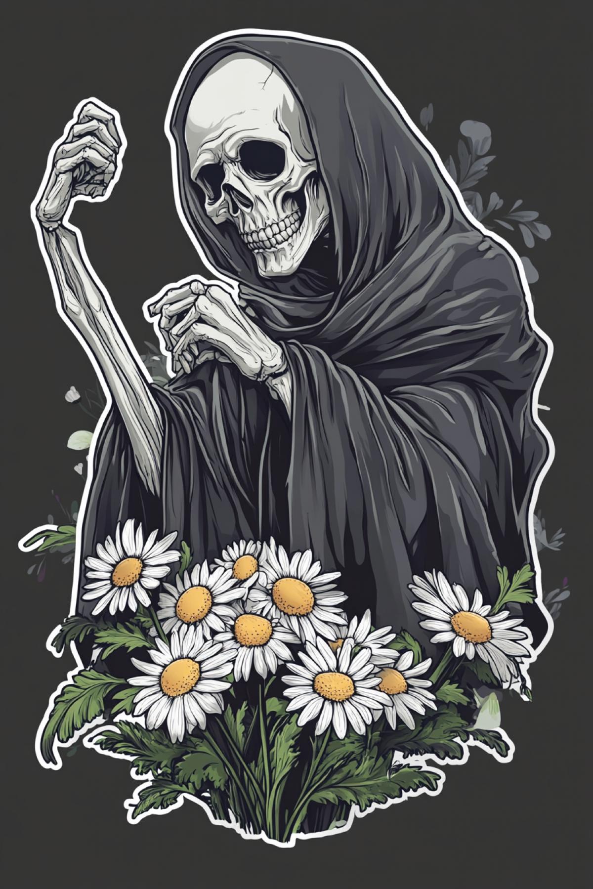 Sticker 2.0, funny grim reaper, cartoon character, daisies, realistic image, photoshop,